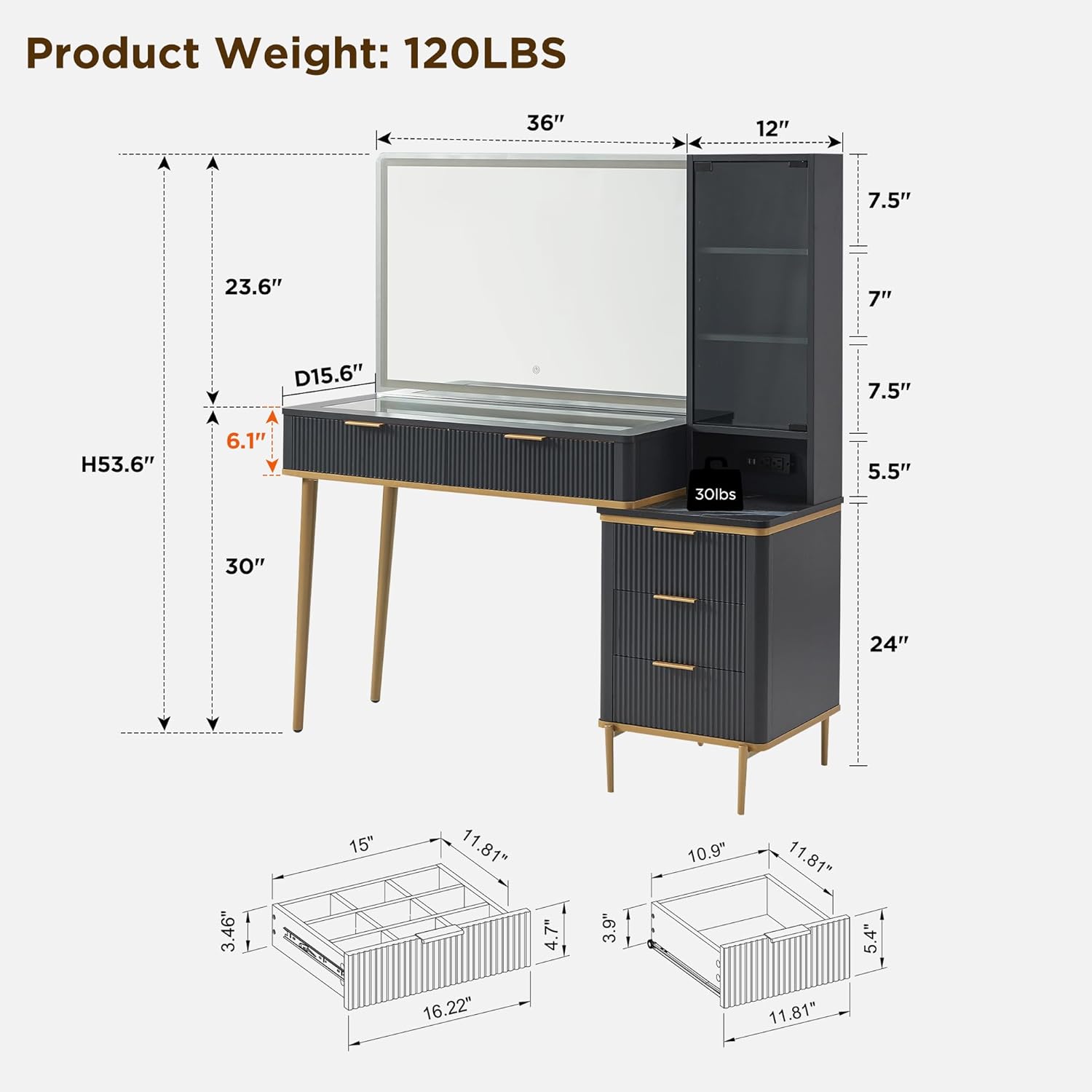 T4TREAM Fluted Makeup Vanity Desk with 36' HD Lighted Mirror, 48' Big Modern Vanity Desk with Mirror and Lights, Dressing Table with 5 Drawers & Shelves, Glass Top for Bedroom, Dark Grey