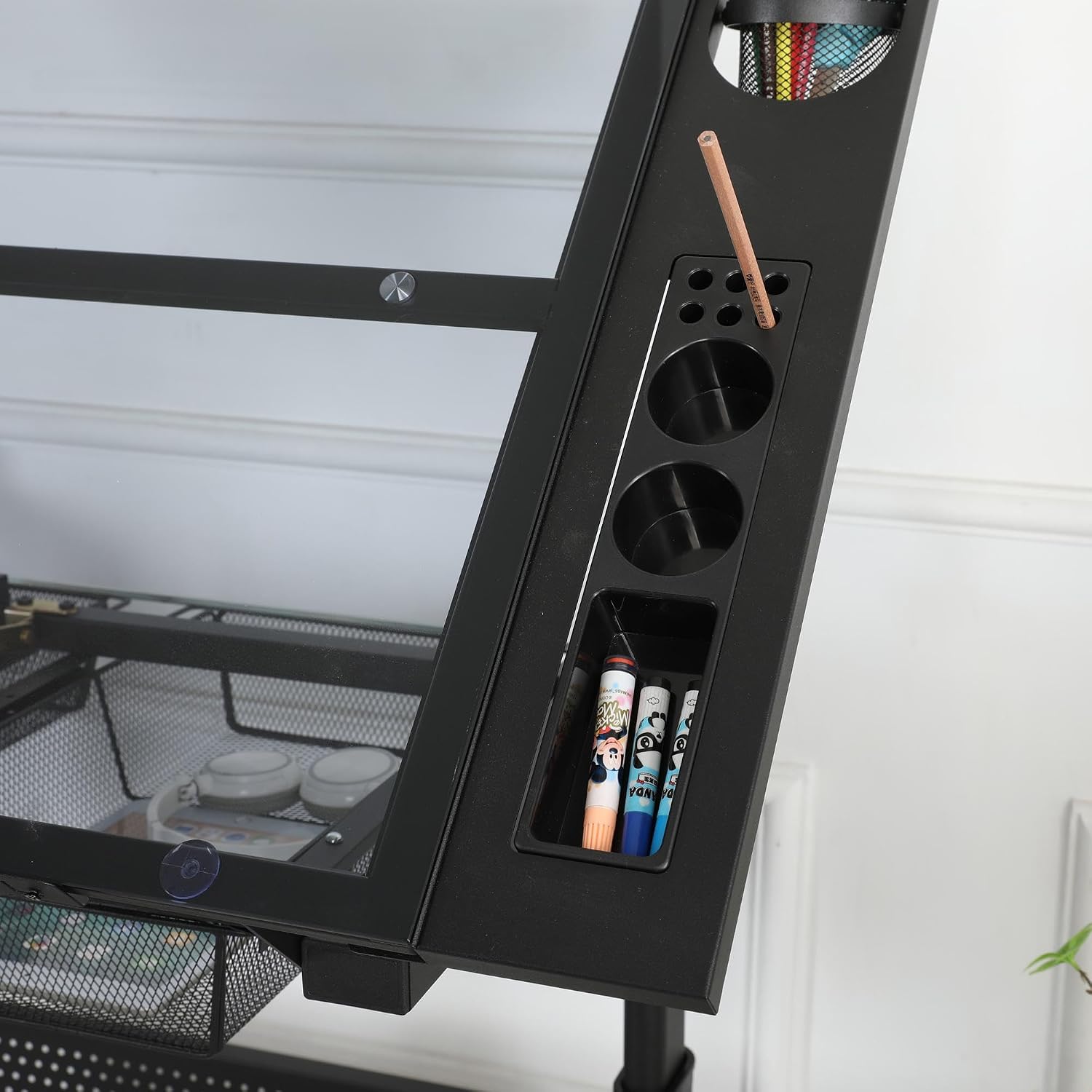 GDFStudio Drafting Table with Extended Desktop & 2 Metal Drawers, Adjustable Height Art Craft Desk with Storage, Tilted Tempered Glass Table Top Diamond Painting with Stool for Home Office, Black