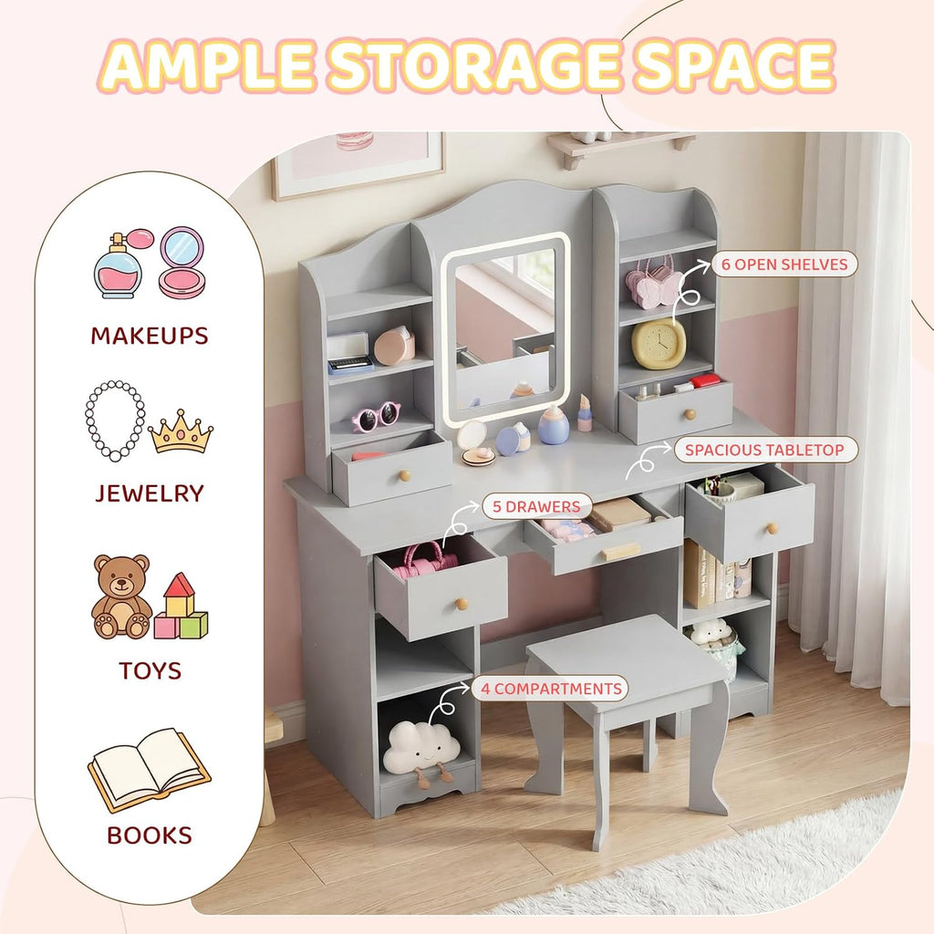 Arlopu Kids Vanity with 3-Color Lights, Girls Vanity Set w/Large Storage, Mirror ＆ Stool, 2 in 1 Princess Wooden Pretend Play Makeup Desk, Dressing Table and Chair, Open Shelves, Drawer (Grey)
