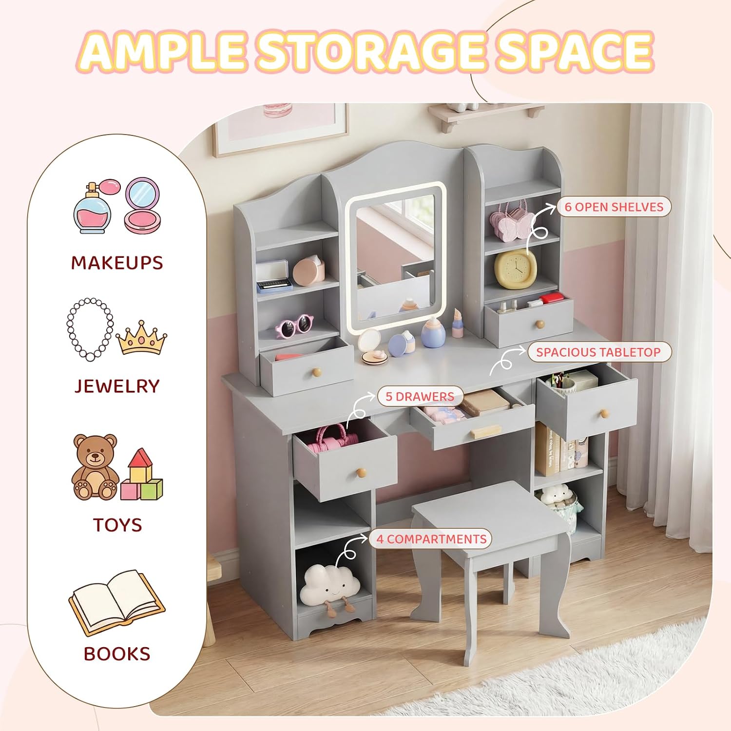 Arlopu Kids Vanity with 3-Color Lights, Girls Vanity Set w/Large Storage, Mirror ＆ Stool, 2 in 1 Princess Wooden Pretend Play Makeup Desk, Dressing Table and Chair, Open Shelves, Drawer (Grey)
