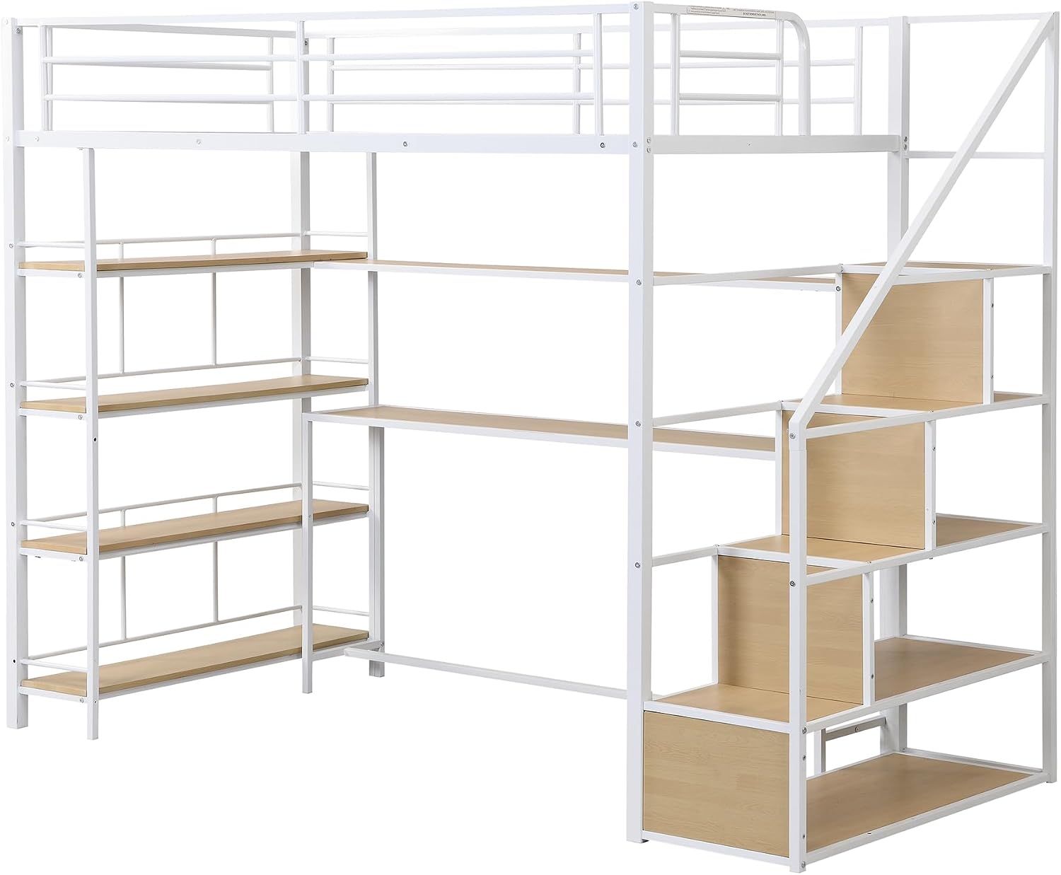 JIVOIT Metal Loft Bed with Storage Staircase, Twin Size Loft Bed with Built-in Desk and 3-Tier Storage Shelves, Space-Saving 3 in 1 Design Metal Loft Bed with Guardrails, No Box Spring Needed