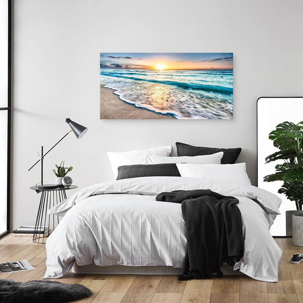 Baisuart S02298 Canvas Prints Wall Art Beach Sunset Ocean Waves Nature Pictures Stretched Canvas Wooden Framed for living Room Bedroom and Office