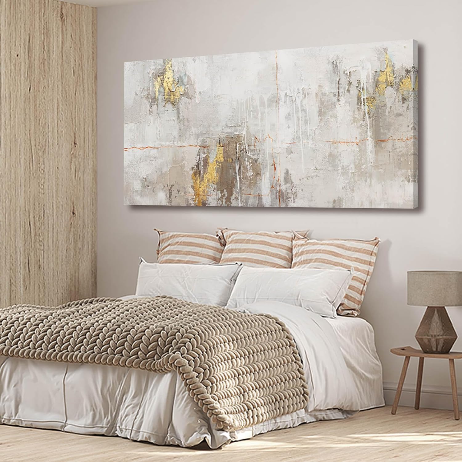 VAYIMDH Minimalist Wall Decor White with Gold Canvas Wall Art Grunge Posters Modern Abstract Paintings for Living Room Bedroom Dining Room 29'x 58'