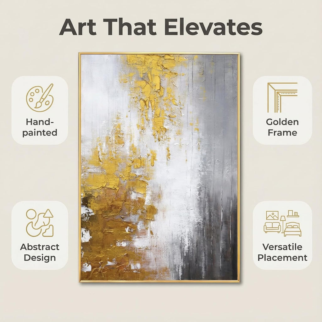 Large 3D Textured Abstract Framed Wall Art for Living Room- Hand Painted Gold and White Abstract Oil Painting for Office-Large Modern Wall Decor for Corridor Stairwell Ready to Hang 32X48inches
