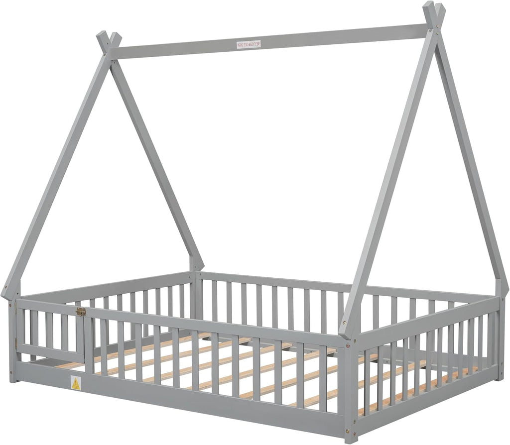 JIVOIT Full Size Tent-Shaped Floor Bed with Door, House Platform Bed Tent Bed Frame with Fence-Shaped Guardrails and Wood Slats Support, Wood Floor Play House Bed for Kids Boys Girls Teens (Gray,2)