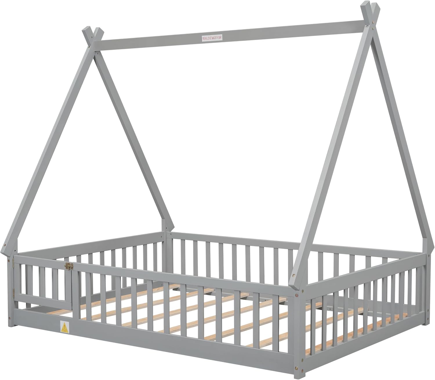 JIVOIT Full Size Tent-Shaped Floor Bed with Door, House Platform Bed Tent Bed Frame with Fence-Shaped Guardrails and Wood Slats Support, Wood Floor Play House Bed for Kids Boys Girls Teens (Gray,2)
