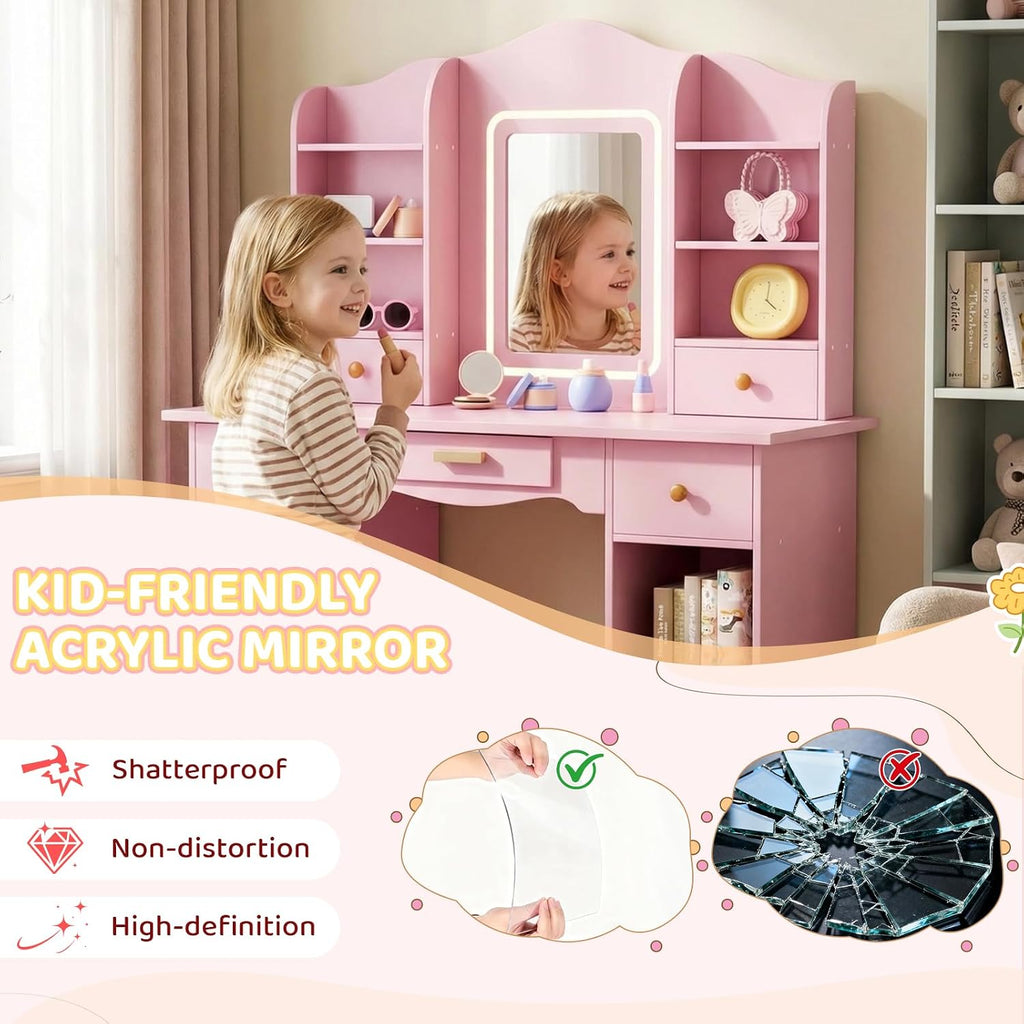 Arlopu Kids Vanity with 3-Color Lights, Girls Vanity Set w/Large Storage, Mirror ＆ Stool, 2 in 1 Princess Wooden Pretend Play Makeup Desk, Dressing Table and Chair, Open Shelves, Drawer (Pink)