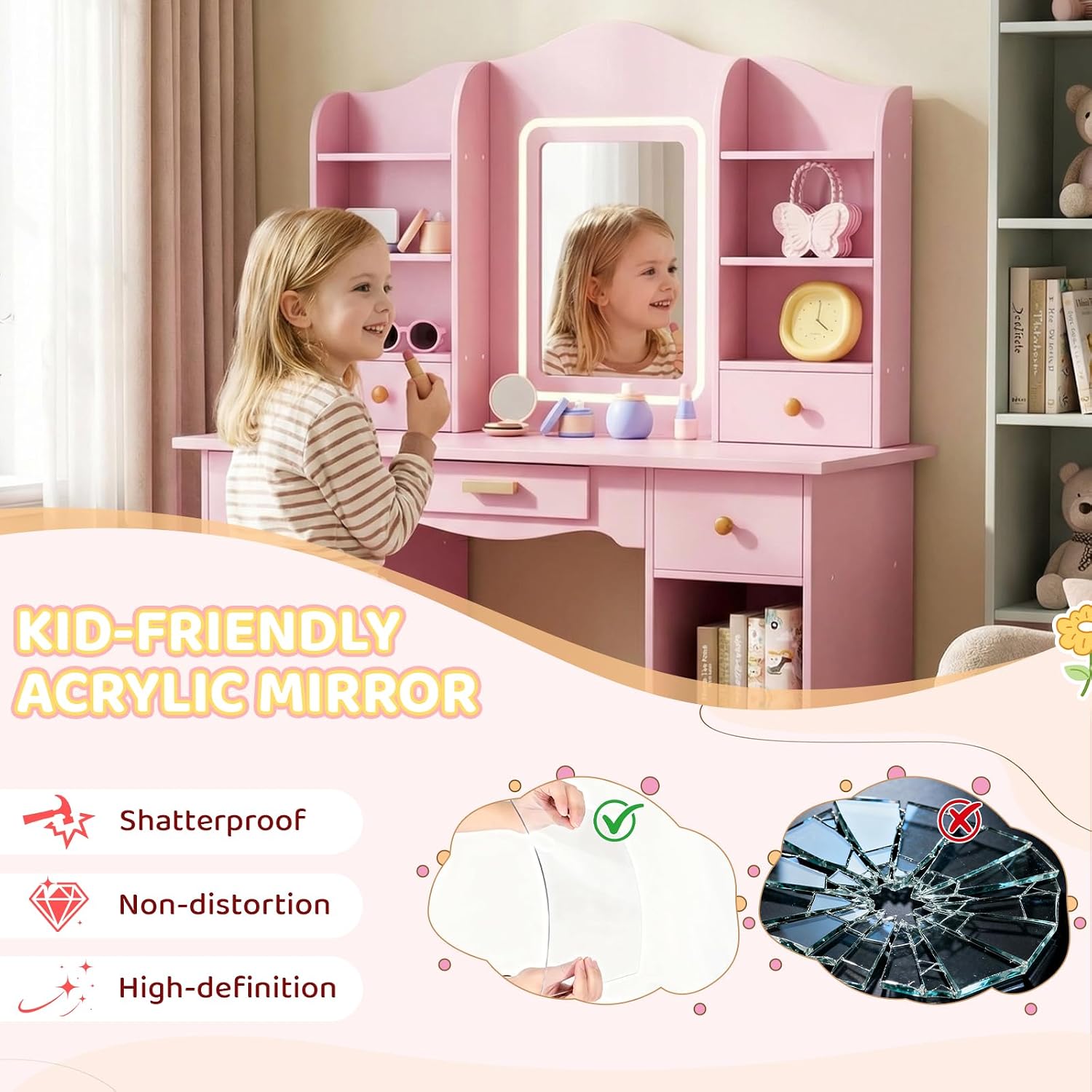 Arlopu Kids Vanity with 3-Color Lights, Girls Vanity Set w/Large Storage, Mirror ＆ Stool, 2 in 1 Princess Wooden Pretend Play Makeup Desk, Dressing Table and Chair, Open Shelves, Drawer (Pink)