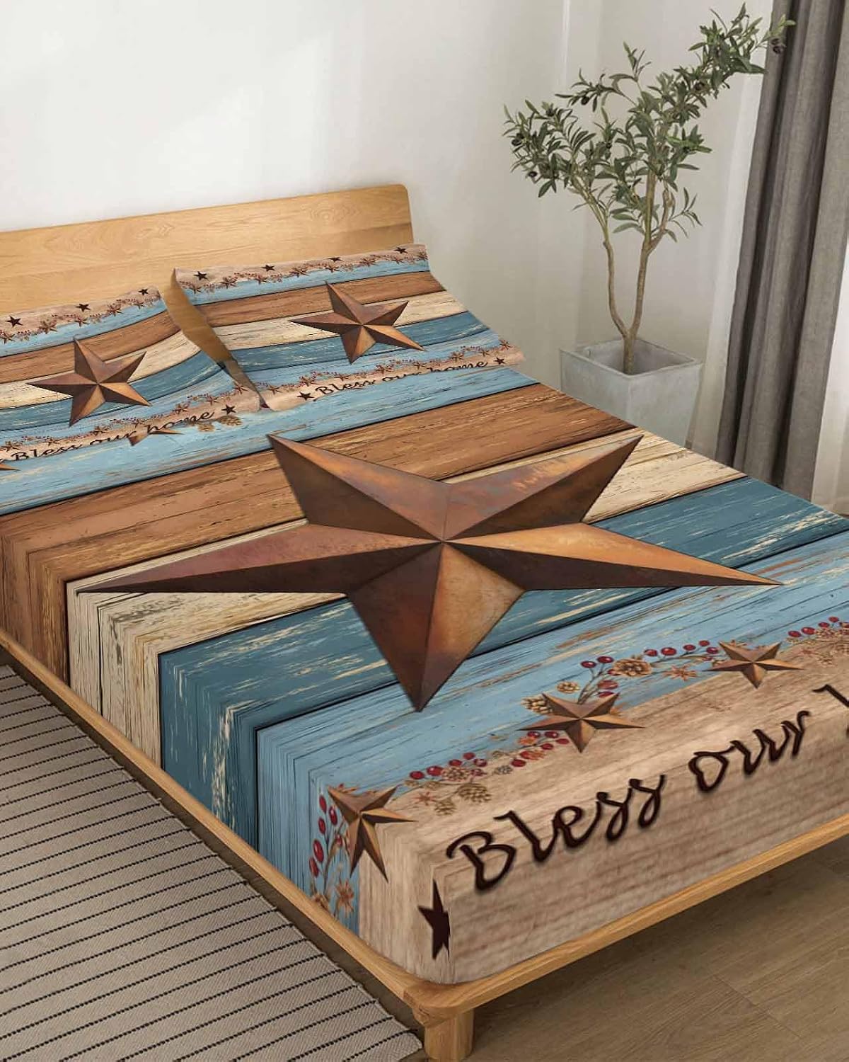 Western Texas Star Retro Cal King Sheet Set 4 Piece Bedding - Vintage Farmhouse Blue Brown Wood Grain Breathable Comfy Cooling Bed Sheets & Pillowcase Sets, Hotel Flat Sheets Deep Pockets Fitted Sheet