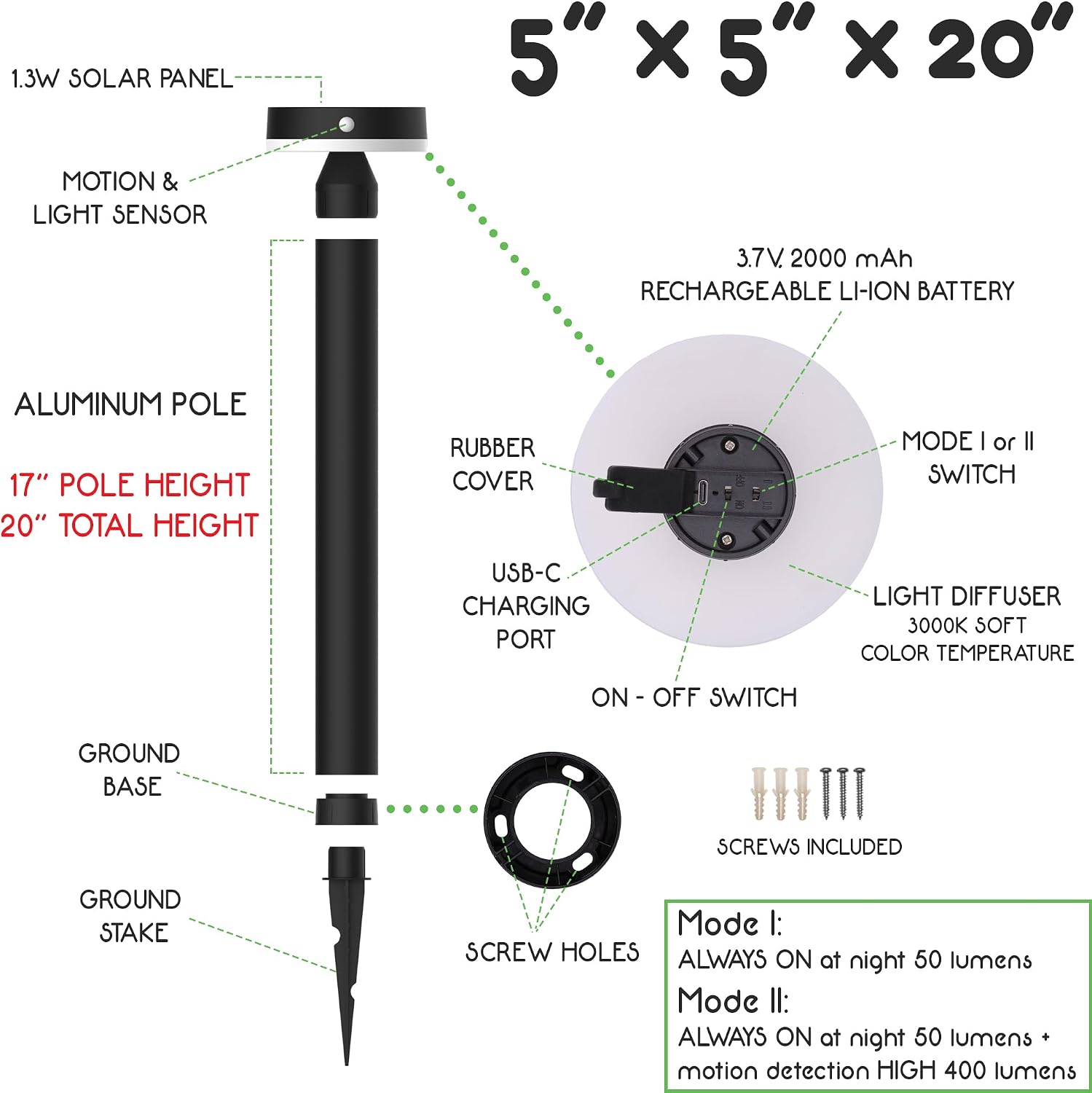 20' Solar Landscape Lights - Outdoor Solar Lights for Yard - PIR Sensor & Two Light Modes - 50lm & 400lm - Rechargeable Battery Last Up to 55 Hours - 3000K - IP44 Weather Resistant - 4 Pack