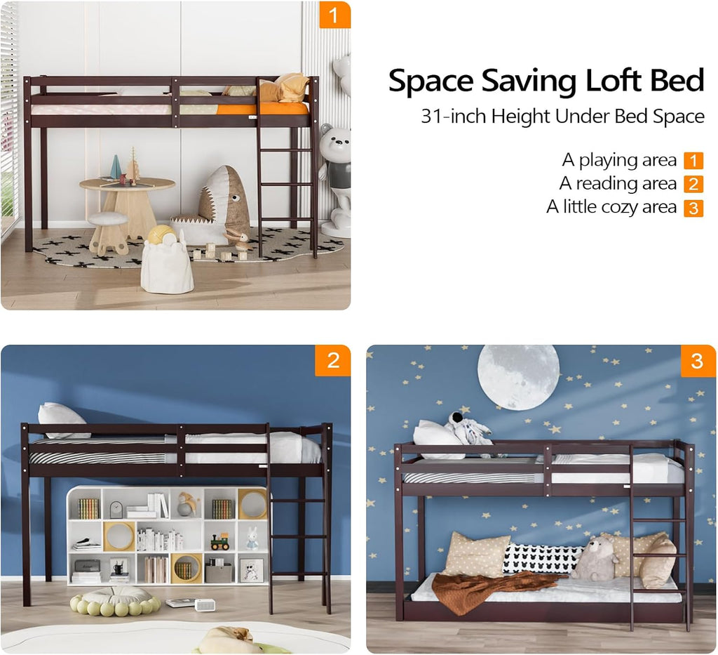 VINGLI 47'' Tall Junior Low Loft Bed with Stairs, Wood Loft Bed Twin Size for Adults, Kids and Young Teens, No Box Spring Required,Wood Slat Support, Espresso