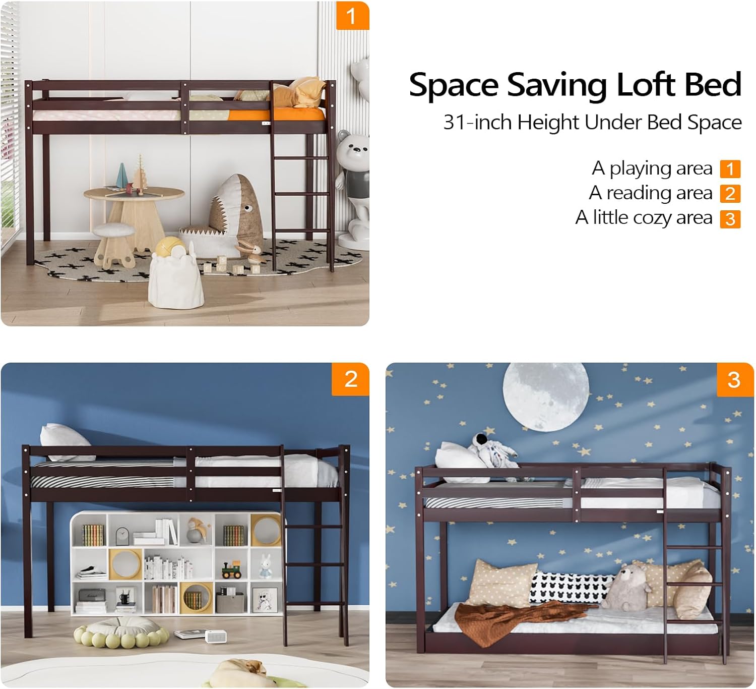 VINGLI 47'' Tall Junior Low Loft Bed with Stairs, Wood Loft Bed Twin Size for Adults, Kids and Young Teens, No Box Spring Required,Wood Slat Support, Espresso