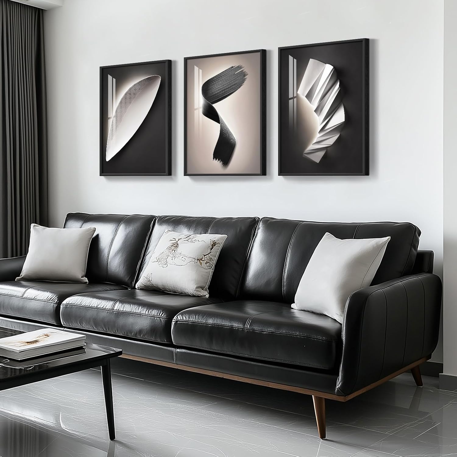 Large Framed Modern Abstract Wall Art 3 Piece Set, Black and White Decorative Artwork, Minimalist Trendy Line Geometric Bright Style Pictures Prints for Living Room Hallway and Office 20x30 Inch