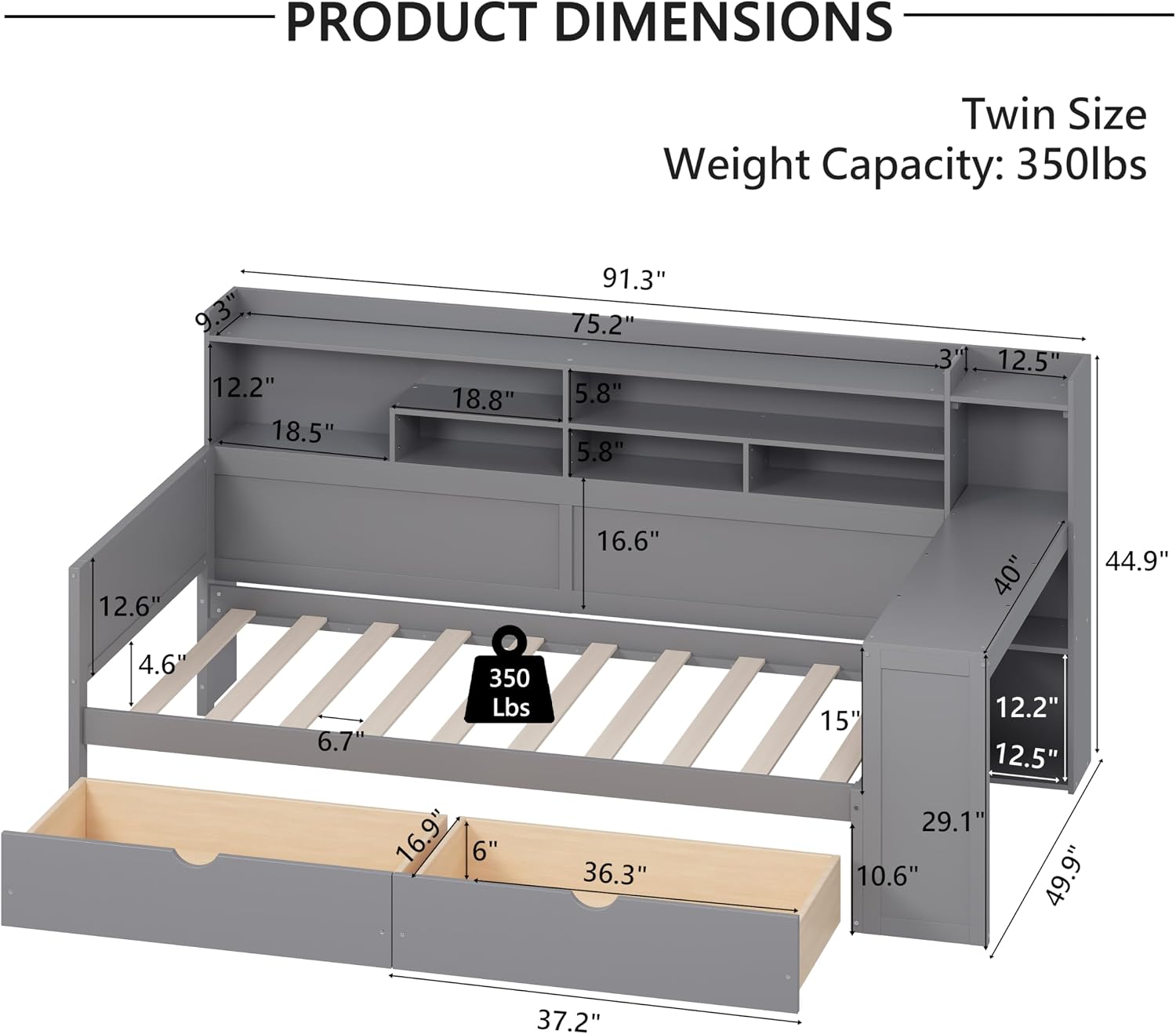 Mirightone Corner Twin Bed Frame with Bookcase Storage and Desk, Wood Day Beds with 2 Drawers, Twin Size Daybed with Storage for Living Room,Bedroom & Guest Room, Gray