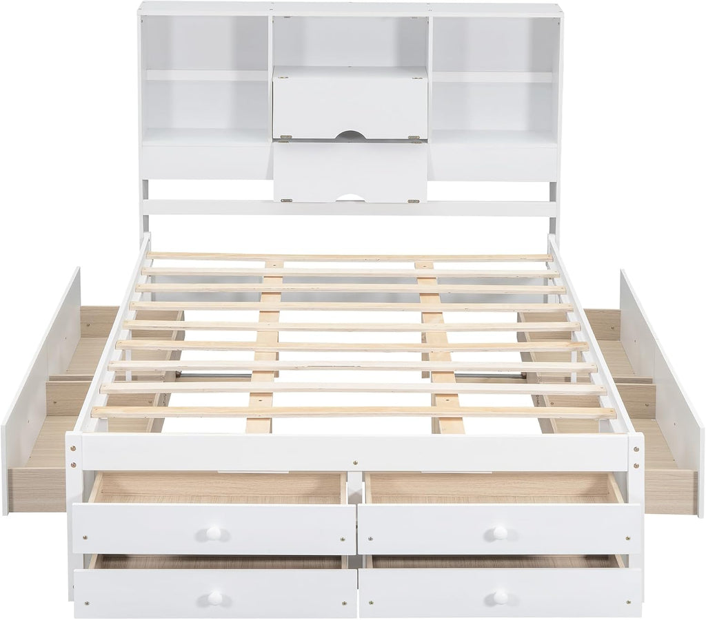 Queen Size Wood Platform Bed with 8 Storage Drawers and Bookcase Headboard for Bedroom (White, Queen)