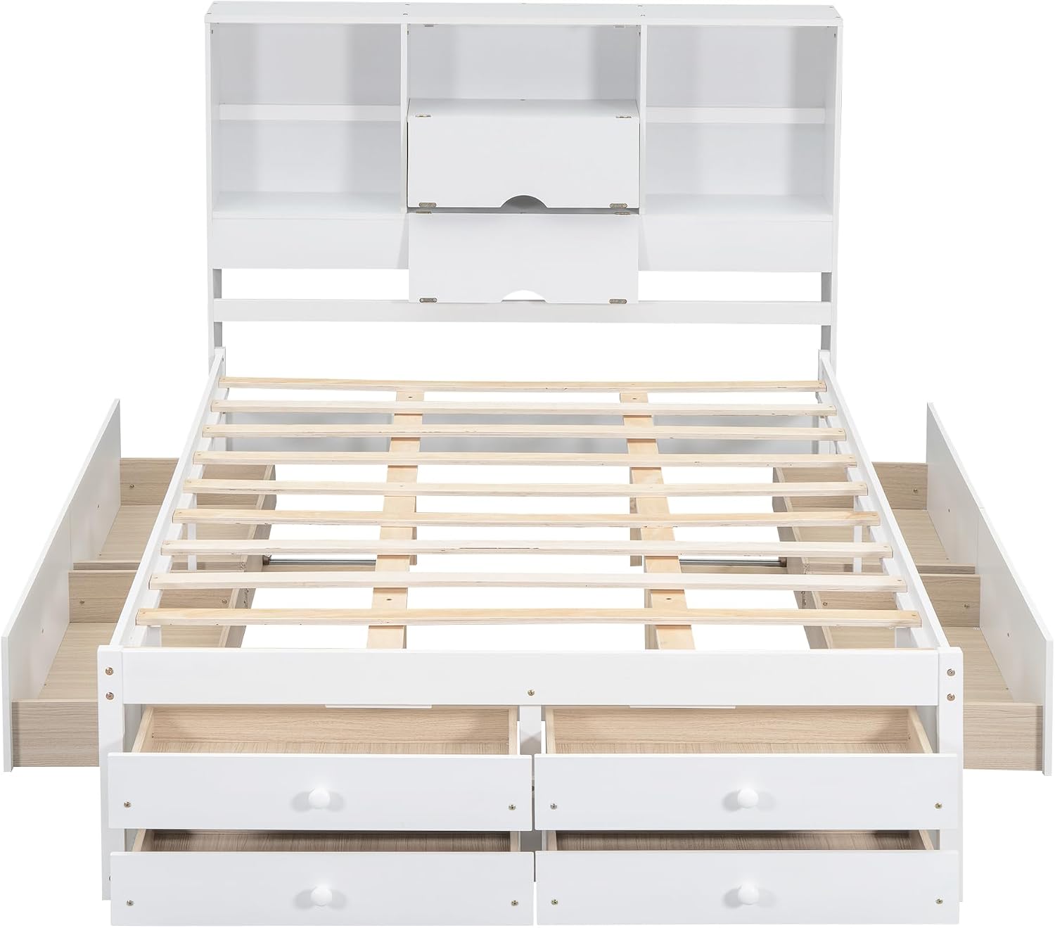 Queen Size Wood Platform Bed with 8 Storage Drawers and Bookcase Headboard for Bedroom (White, Queen)