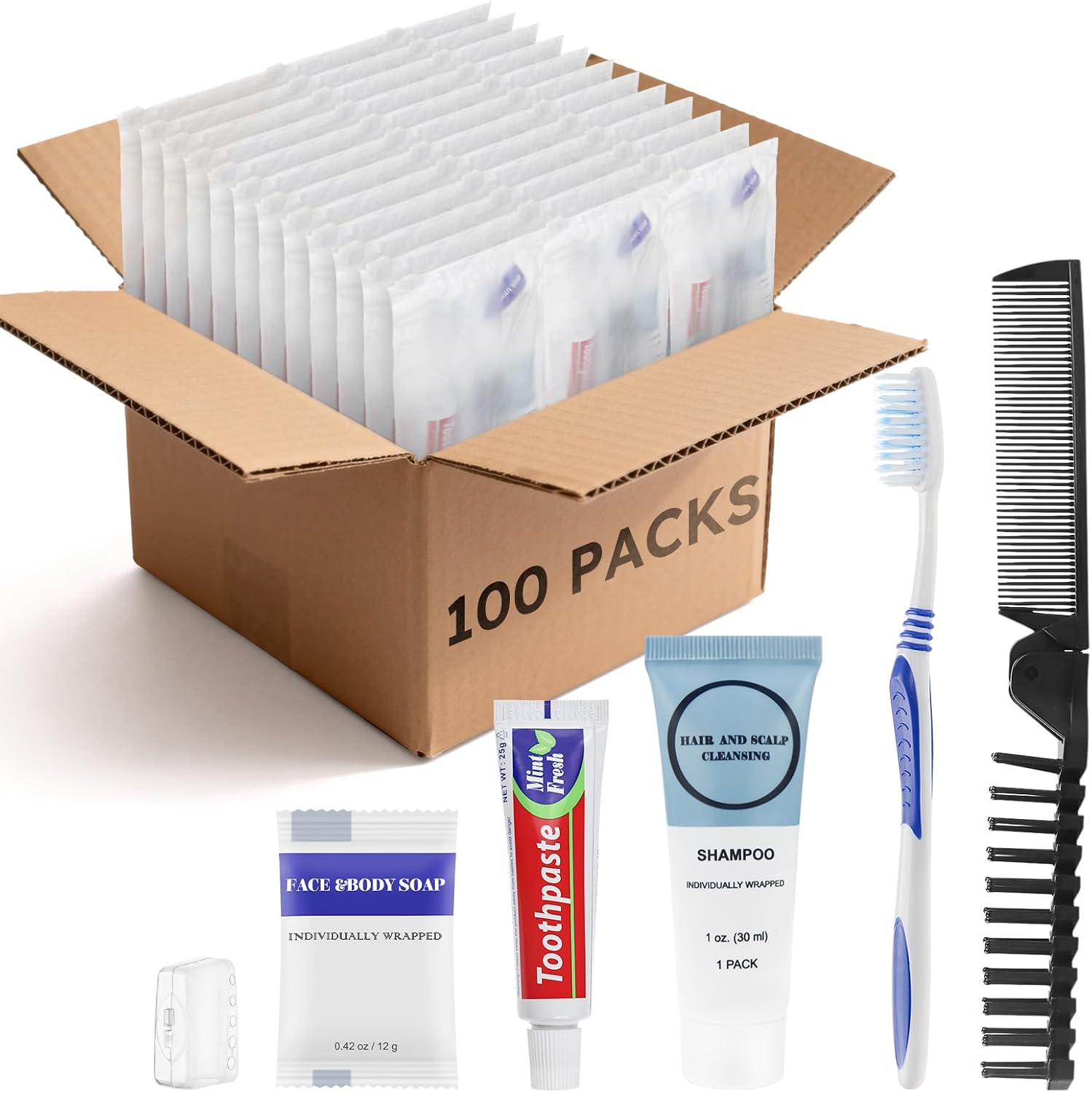 Travel Toiletries Supplies Kits Disposable Toiletry Amenities Set in Bulk, Hygiene Trial Size Personal Essentials Individually Wrapped 5-in-1 (100-Pack)