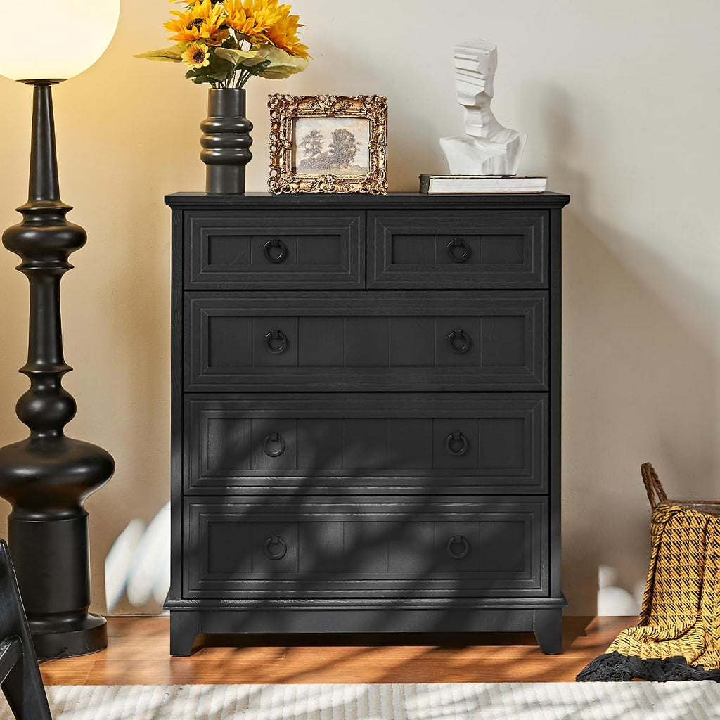 Joaxswe Farmhouse 5 Drawer Dresser for Bedroom Set of 2, 33.2' Tall Small Dressers & Chest of Drawers, Rustic Wood Dresser with Metal Handle, Storage Organizer Closet for Living Room, Hallway,Entryway