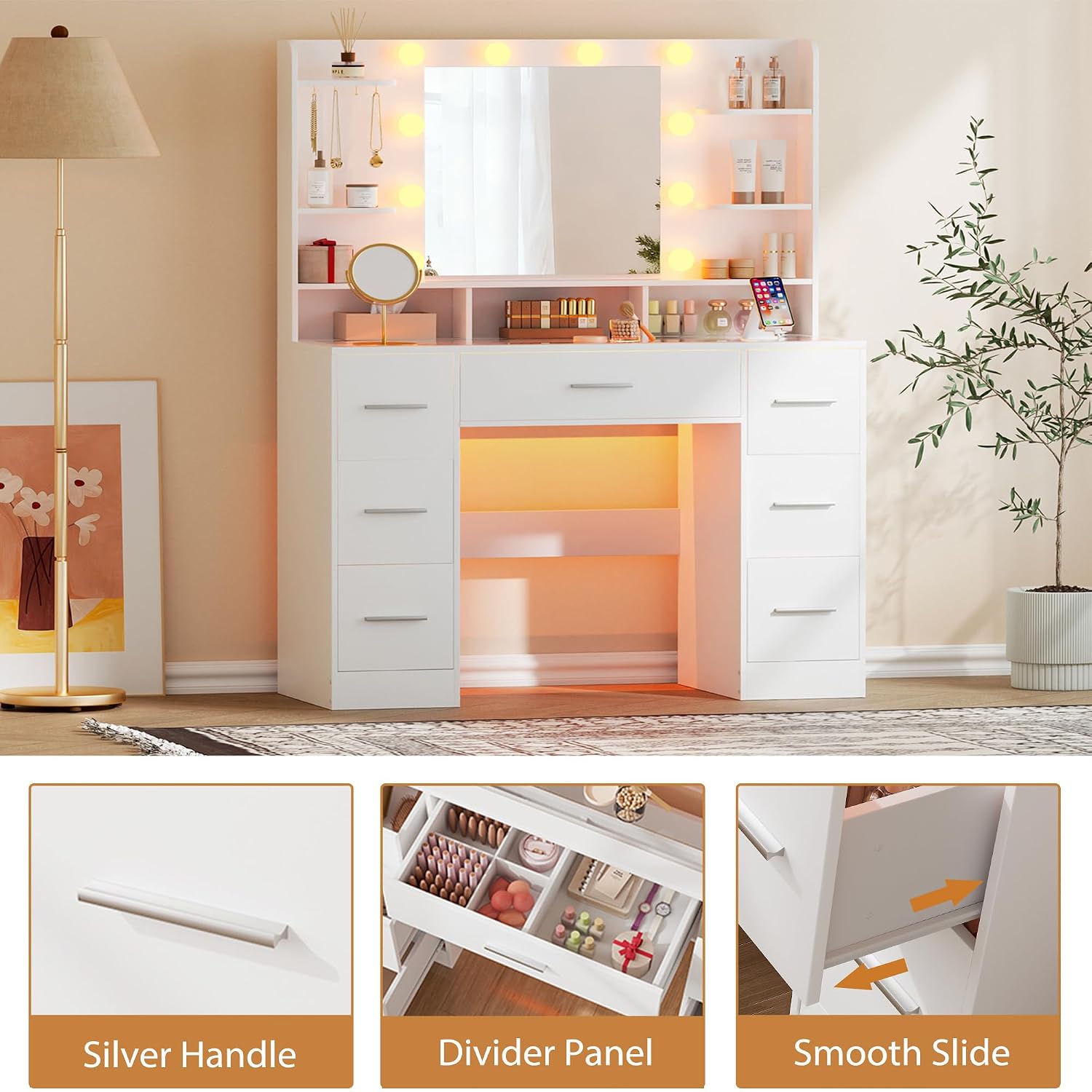 ERLEJIA Vanity Desk with Mirror and Lights, Large Glasstop Makeup Vanity Desk with 7 Drawers and Power Outlet, 6 Open Shelves, White