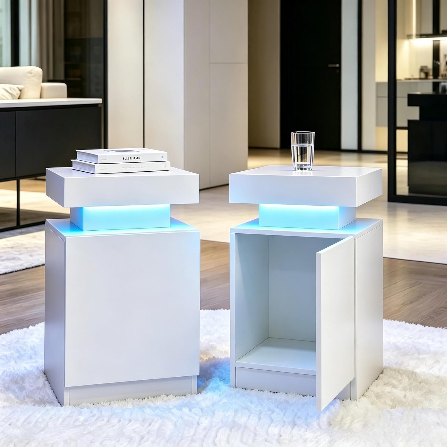 Nightstand with LED Lights Set of 2, 2 Pieces Bedside Tables with Storage Cabinet, Modern End Tables for Bedroom, White