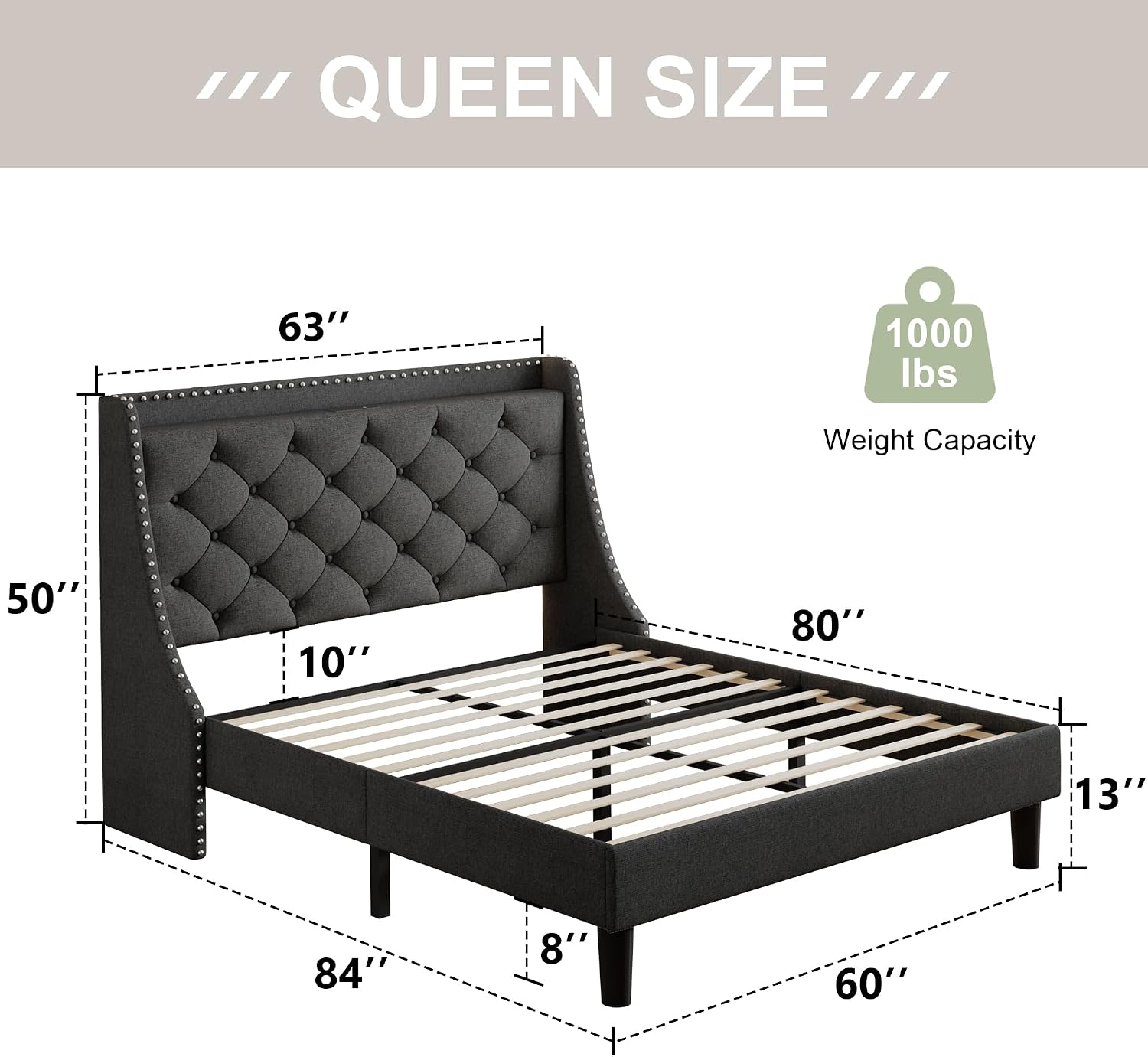 Feonase Queen Bed Frame with Luxury Wingback and Fast Charging Station,Upholstered Button Tufted Storage Headboard Queen Platform Bed,Sturdy Wooden Slats Support,Noise-Free,Easy Assembly,Dark Gray