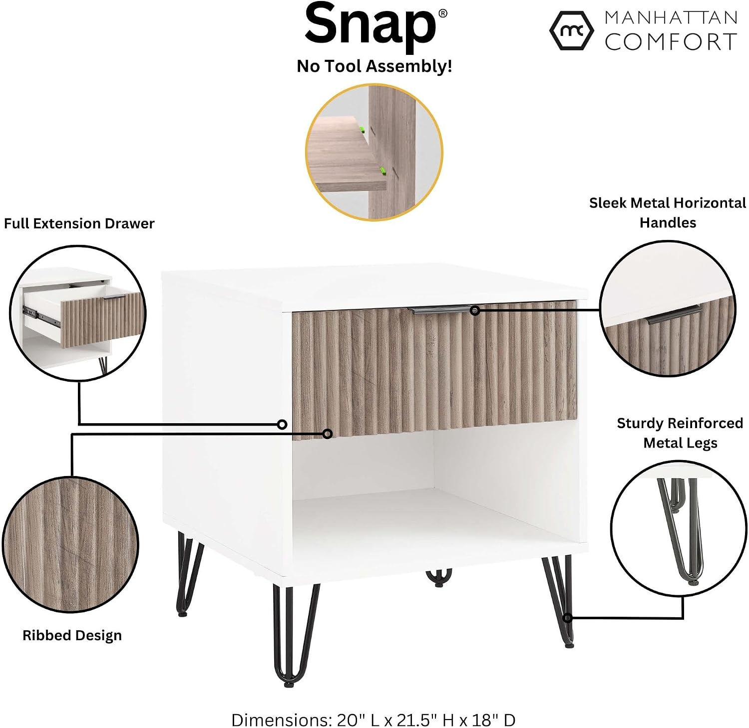 Manhattan Comfort Dumbo Fluted Nightstand with Drawer and Open Shelf, Gold Hairpin Legs and Metal Handle, Snap Tool-Free Assembly, Bedside Accent Table for Bedroom, Living Room in White & Rustic Grey