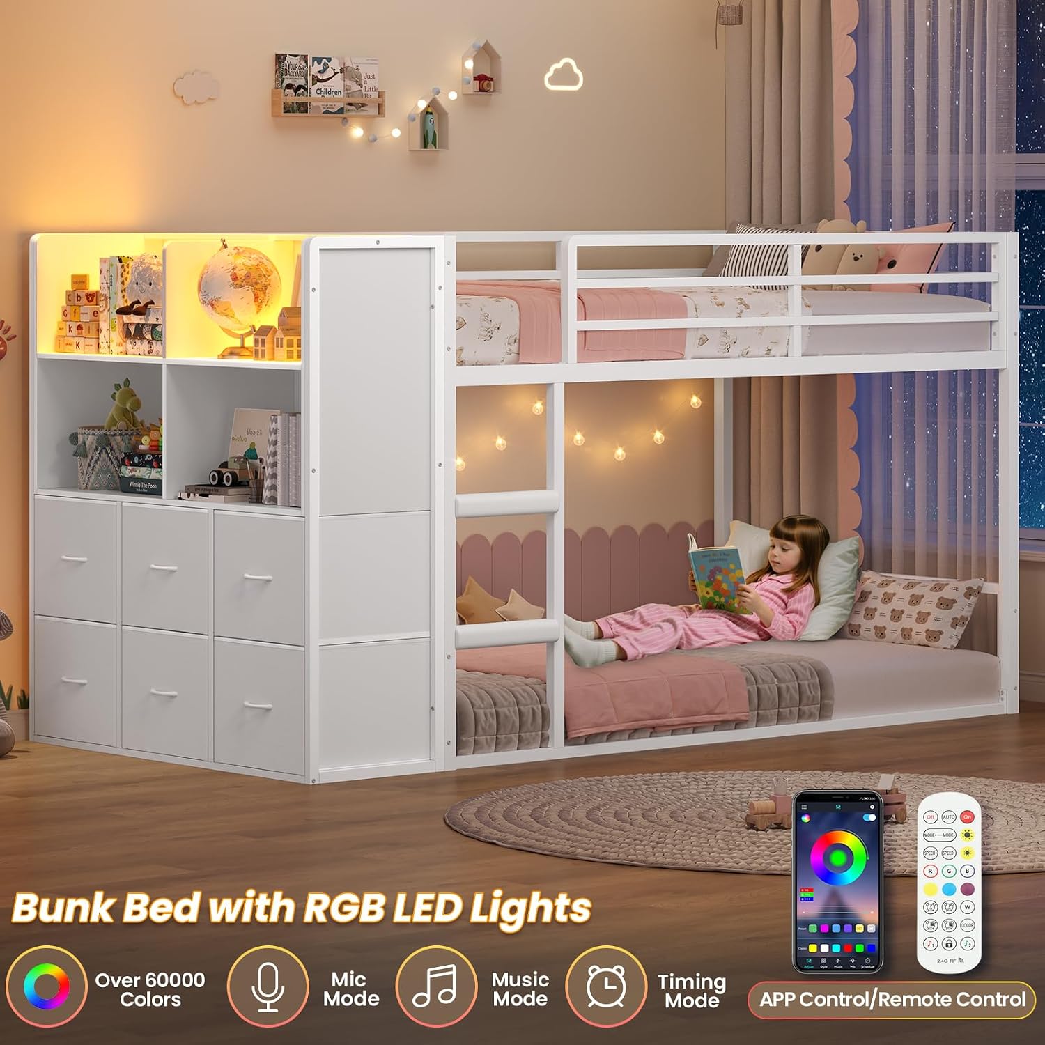 BTHFST Bunk Bed Twin Over Twin with 6 Large Fabric Drawers & 4 Wooden Storage Bookshelf Organizer, Metal Low Bunk Bed for Kids with LED Lights & Safety Ladder and Guardrail, Space Saving