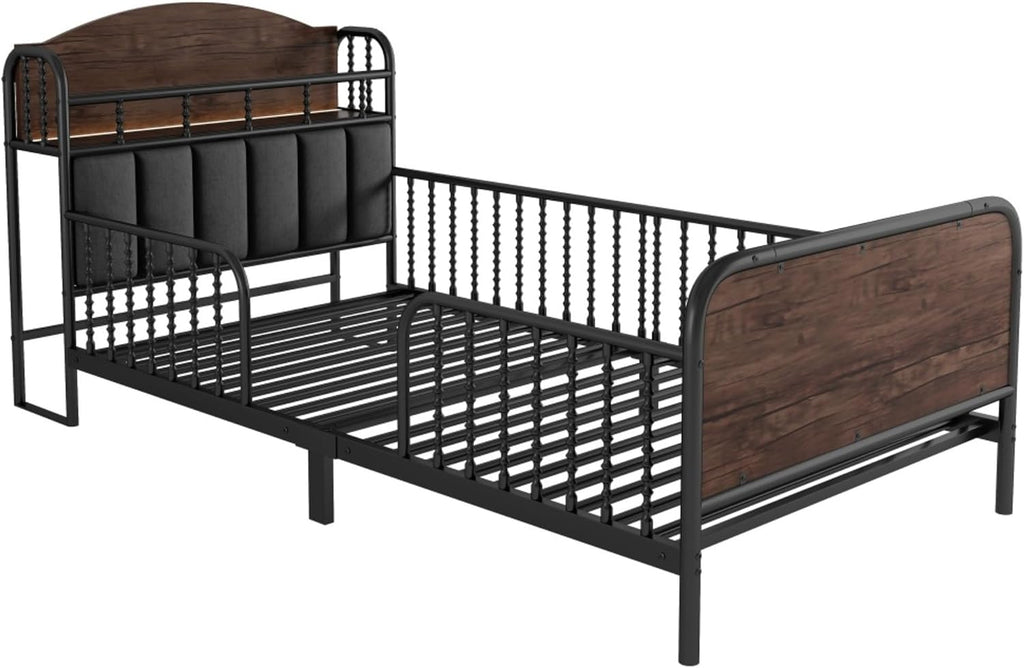 Modern Upholstered Platform Bed Frame with App Controlled LED Lights Storage Headboard Full Length Guardrails Low Profile Design Metal Structure for Bedroom (Black,Twin)