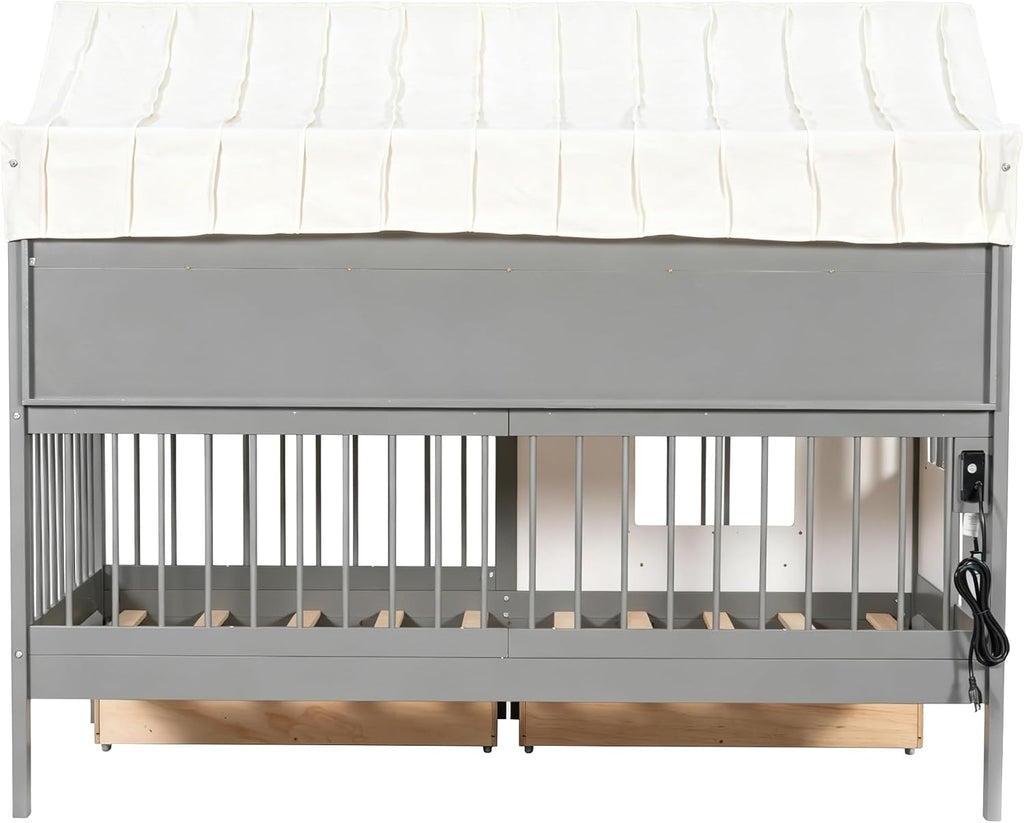 Polibi Twin Size House Bed with 2 Large Drawers, Side Bookshelf with LED Strip, Built-in Charging Board & Soft Tent, Gray Wooden Kids House Bed with Ultra-High Guardrails for Safe Sleep