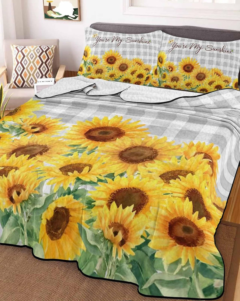 Quilt King Size Bedding Set, Yellow Sunflowers Lightweight Summer Quilt 3 Pieces Bedding Sets, Summer Floral Elegant Pastoral Checkered Reversible Soft Bedspreads Coverlets with 2 Pillow Shams