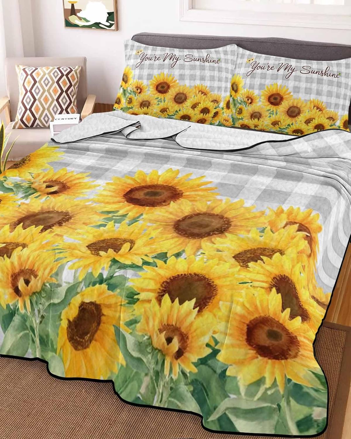 Quilt King Size Bedding Set, Yellow Sunflowers Lightweight Summer Quilt 3 Pieces Bedding Sets, Summer Floral Elegant Pastoral Checkered Reversible Soft Bedspreads Coverlets with 2 Pillow Shams
