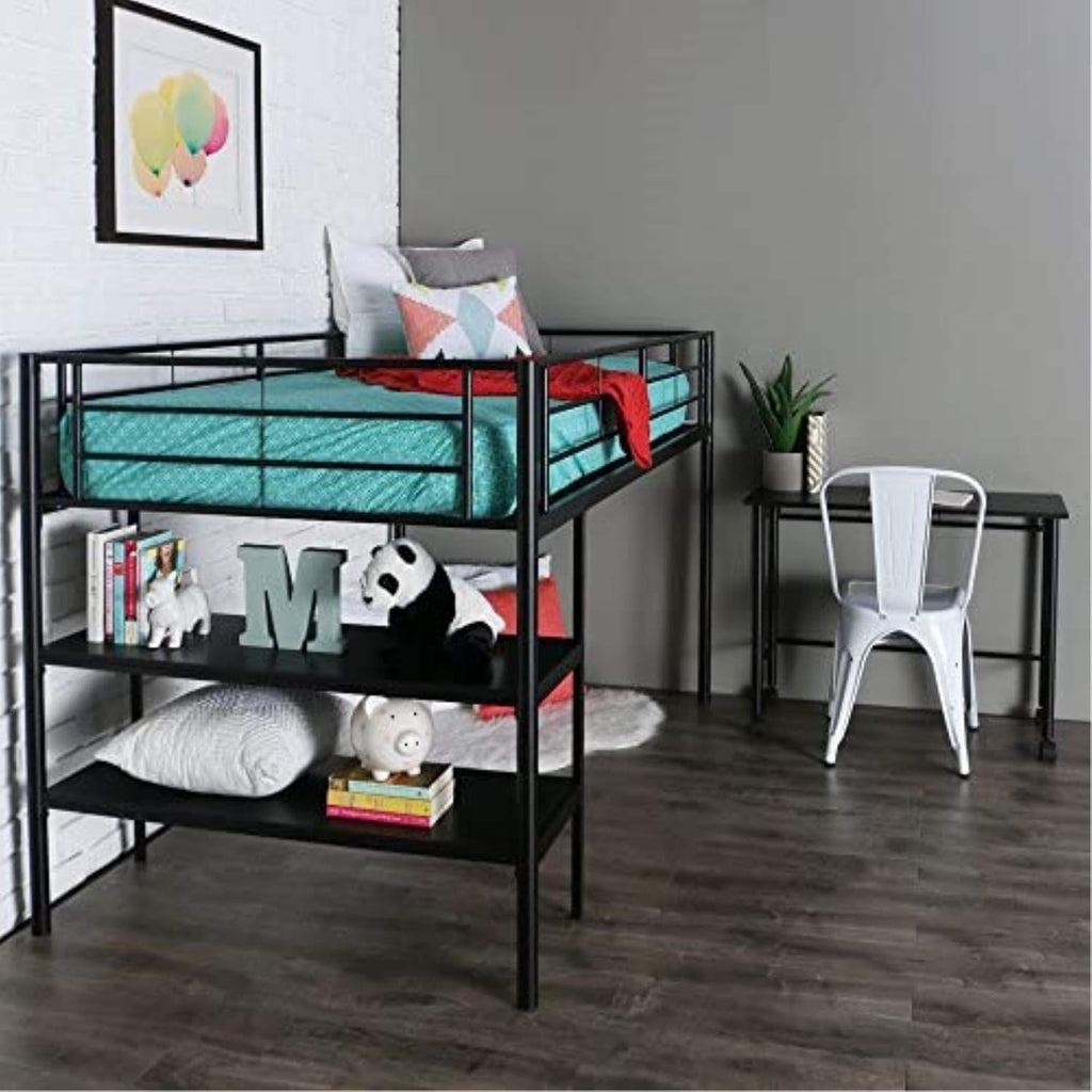 Walker Edison Metal Twin Low Loft Bunk Bed with Desk Bunk Bed Kids Bed Bedroom Storage Guard Rail Ladder, Twin, Black