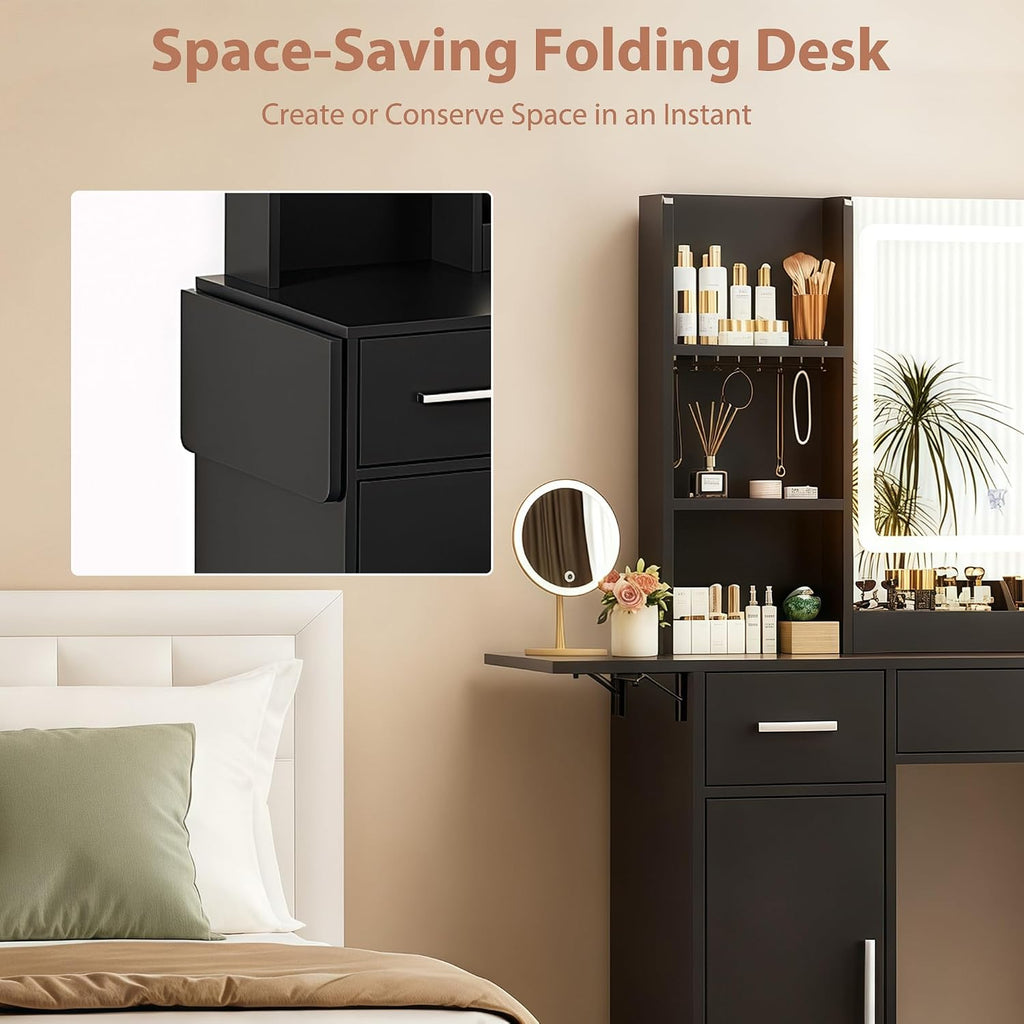 ERLEJIA Vanity Desk with Mirror and Lights, 39.37' 4 Drawers Makeup Desk Without Stool, Extra Foldable Desk with 3 Open Shelves Make Up Table for Girls and Ladies Bedroom, Black