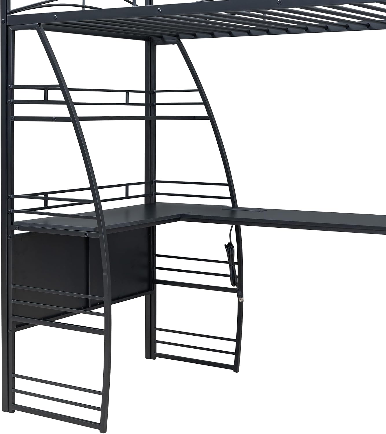 Metal Twin Size Loft Bed with 4 Layers of Shelves and L-Shaped Desk,a Set of Sockets, USB Ports and Wireless Charging,for Kids Teens Adults Bedroom (Twin, Black@Charging)