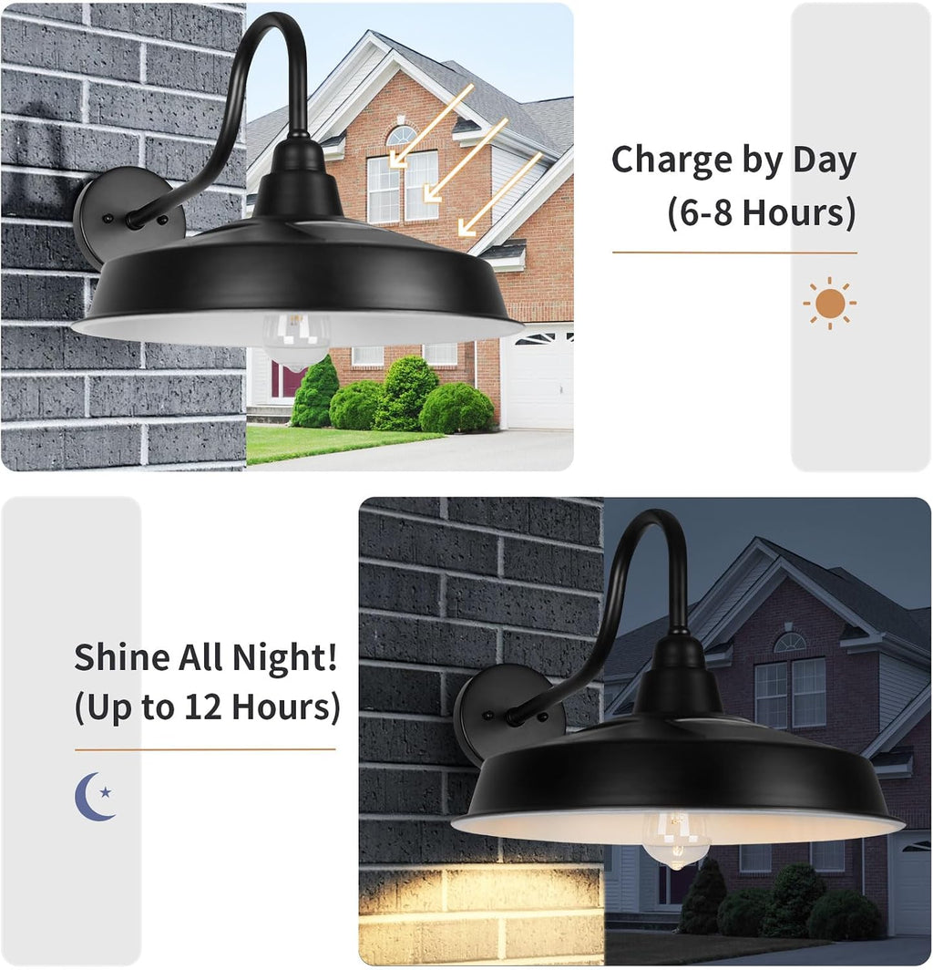 Solar Barn Light Outdoor, 16 Inch Dome Wall Light Solar Powered, Farmhouse Exterior Wall Sconce, Industrial Outside Lighting Fixture, Rustic Lantern for Garage, Barn, Shed, RZSR020W