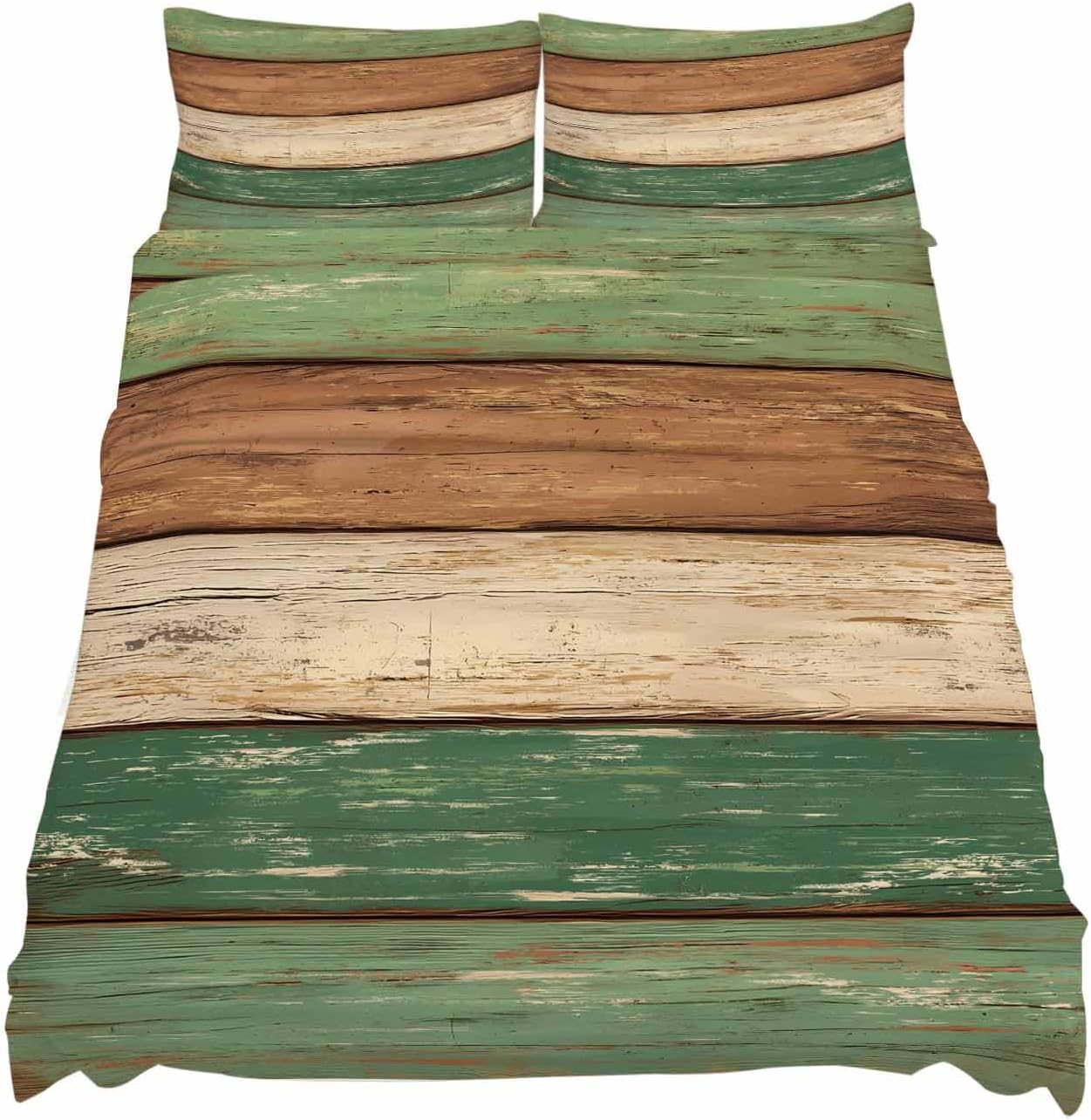 Farmhouse Dark Sage Green Brown Cal King Sheet Set 4 Piece Bedding - Vintage Wooden Striped Breathable Comfy Cooling Bed Sheets & Pillowcase Sets, Hotel Luxury Flat Sheets Deep Pockets Fitted Sheet