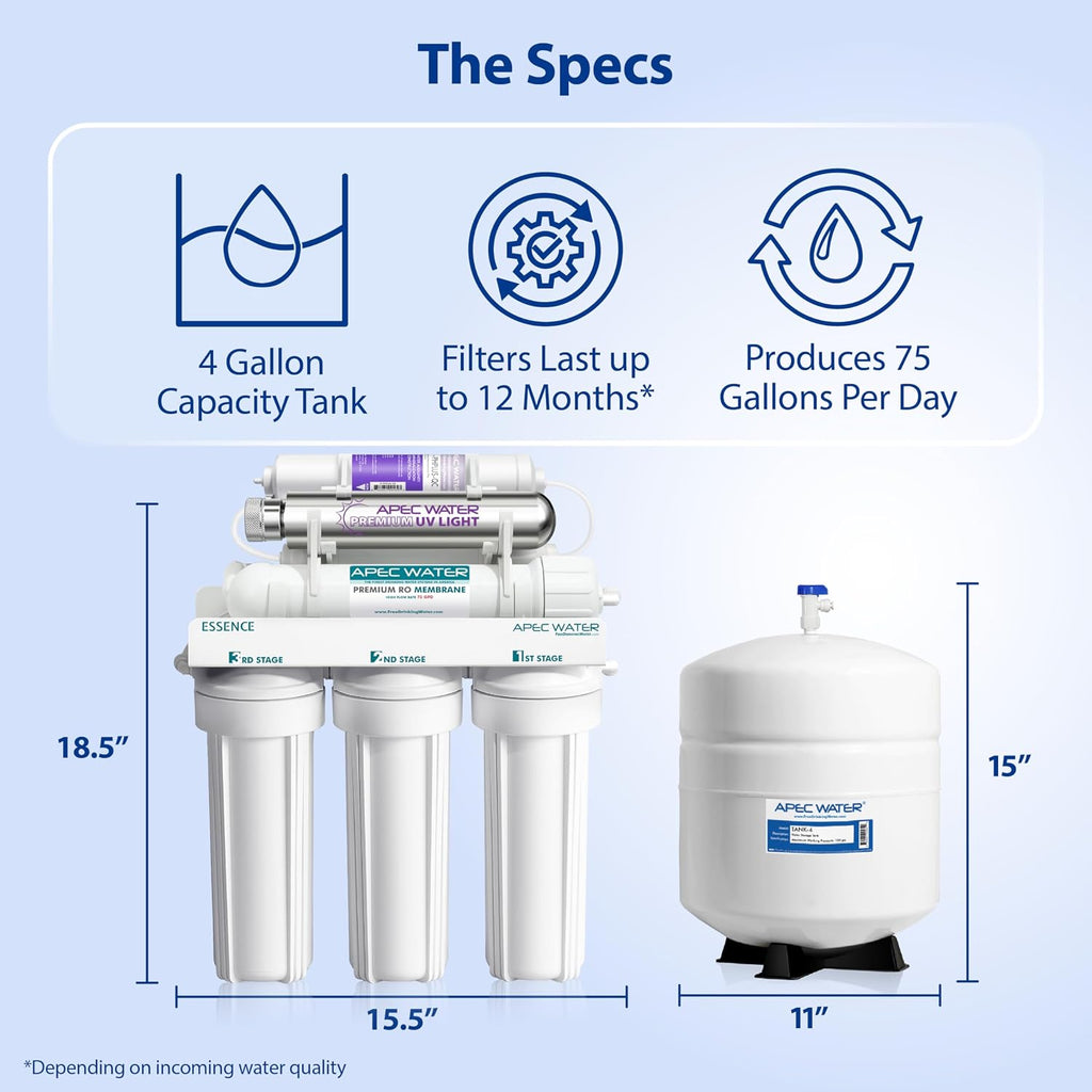 APEC Water ROES-PHUV75, 7-Stage Alkaline Under Sink Reverse Osmosis Water Filter System, UV Filter, NSF Certified 372, 75 GPD, Reduces 99% of Impurities