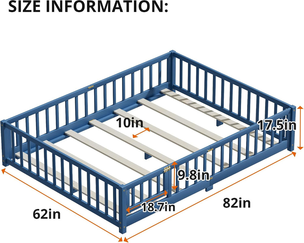 i-POOK Queen Floor Bed Frame with Wood Slats, High Fence & Small Door, Pinewood Montessori Floor Bed for Girls and Boys, Mist Blue