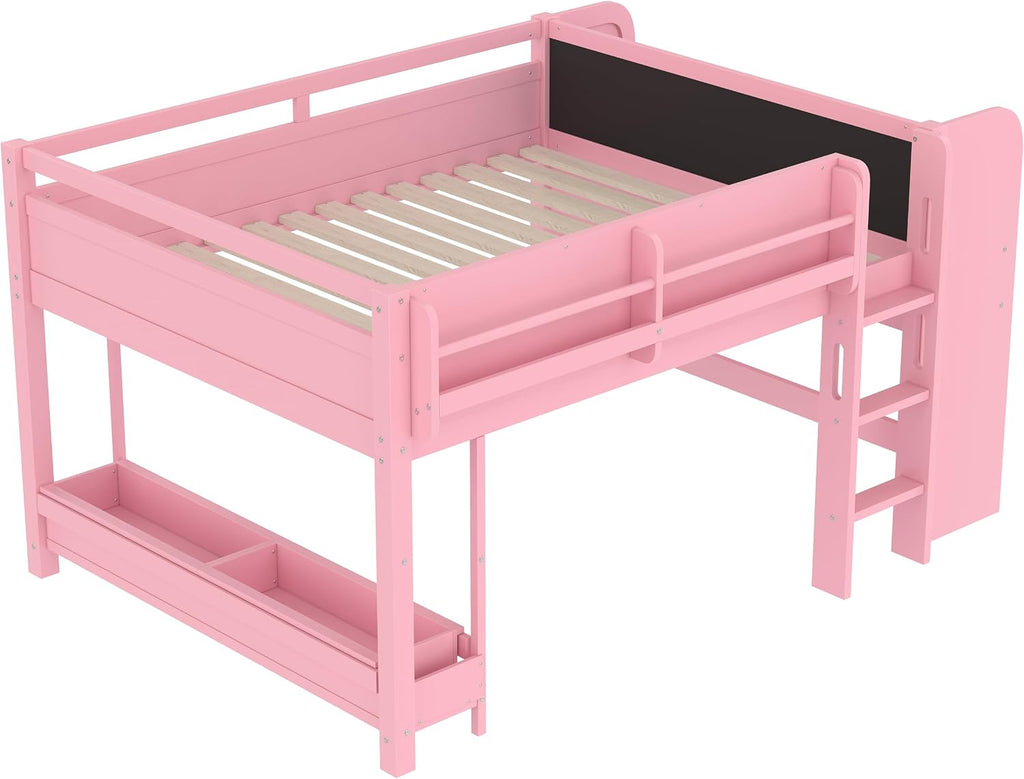 MERITLINE Full Loft Bed with Desk & Blackboard, Twin Multi-Functional Bed with Storage, All-in-One Study & Play Design, Pink