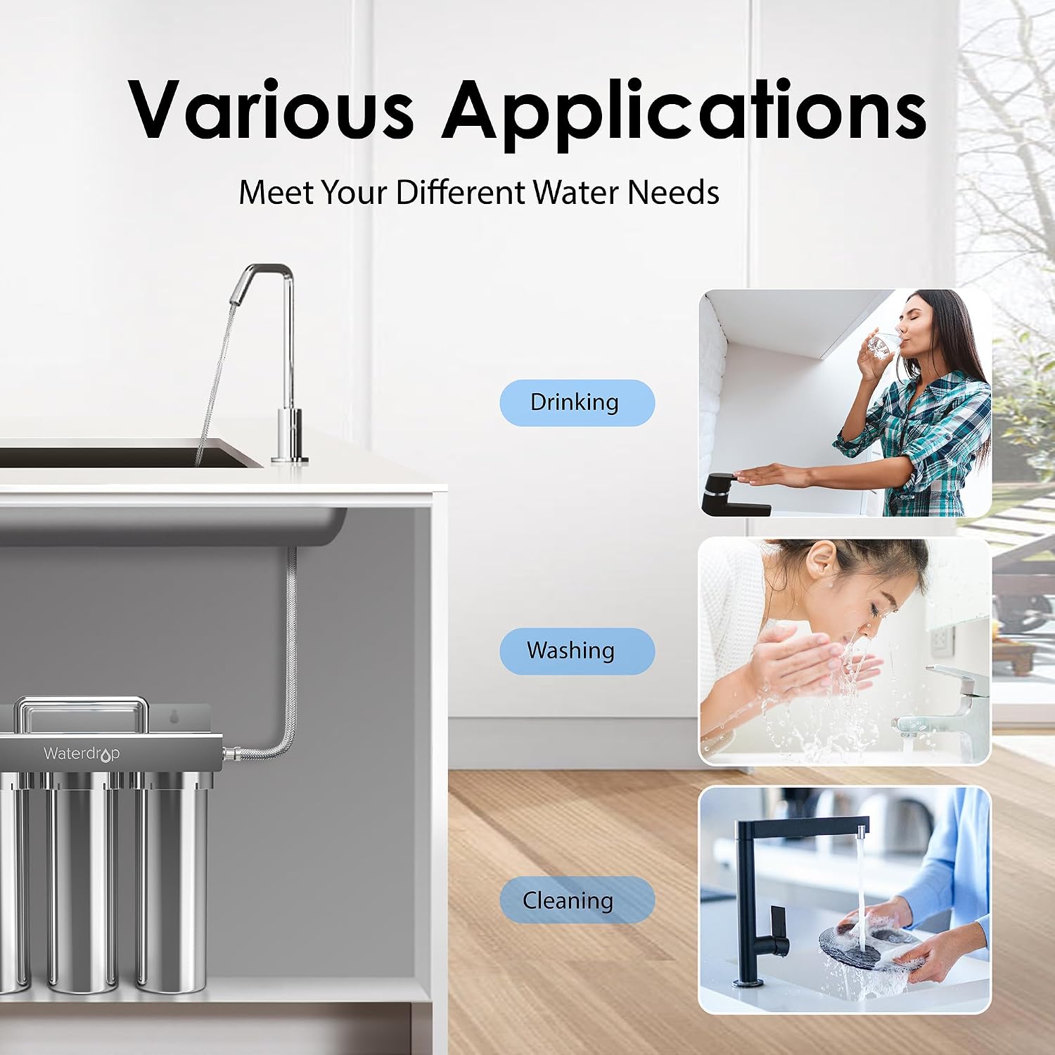 Waterdrop TST-UF 0.01μm Ultra-Filtration Under Sink Water Filter System, Stainless Steel Under Sink Water Filtration System, Removes 99% of Substances, Chlorine, Bad Taste & Odor, No Drill Required