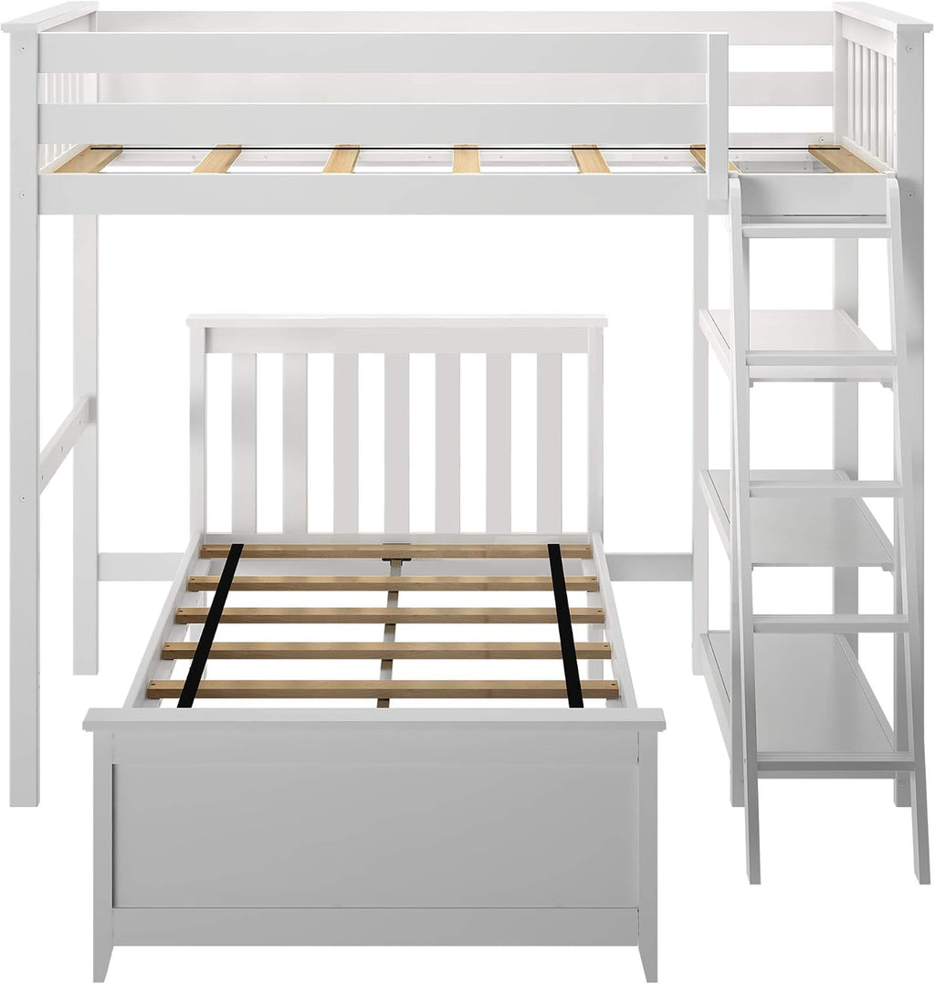 Max & Lily L Shape Twin over Twin Bunk Bed with Bookcase, White