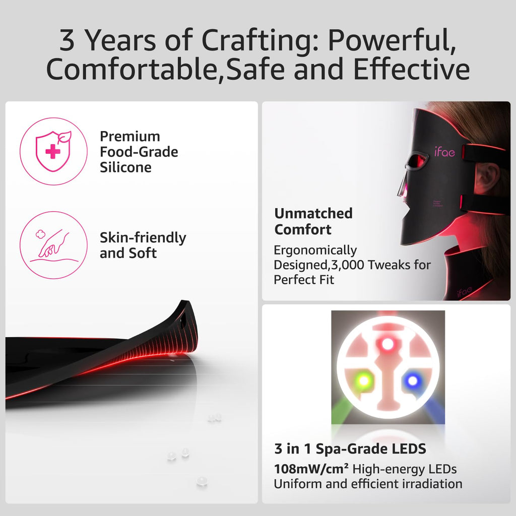 IFAE Red Light Therapy for Face and Neck, Red Light Therapy Mask with 850nm Infrared (NIR) Portable Led Face Mask with Eye Protection and Remote for True Anti-Wrinkles Skincare at Home Black