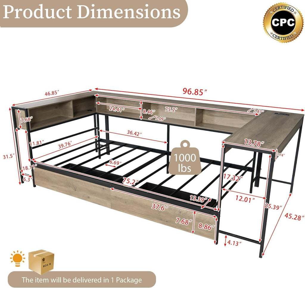 Twin Corner Bed Frame with Desk and Storage Bookcase, L- Shaped Daybed with 2 Drawers, LED Lights & 2 Charging Station, Modern Metal Twin Size Platform Bed for Kids/Teen Bedroom, Brown