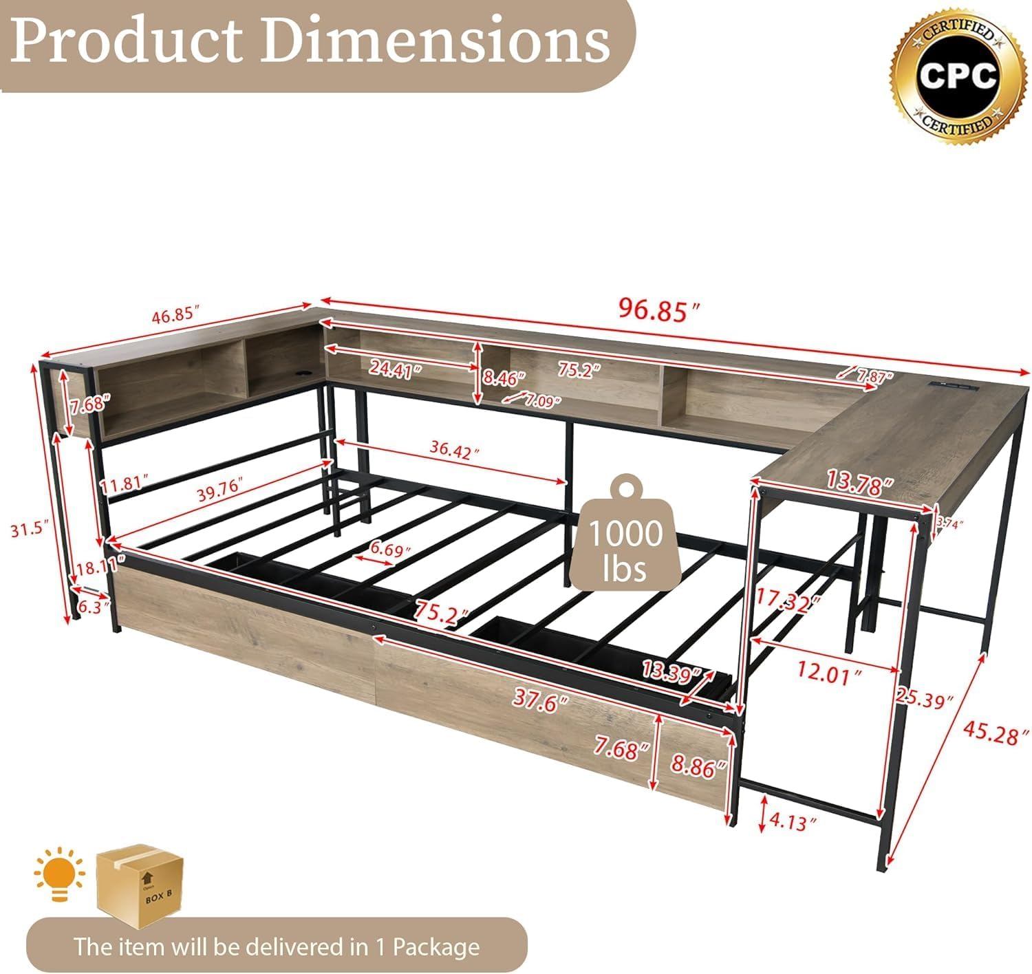 Twin Corner Bed Frame with Desk and Storage Bookcase, L- Shaped Daybed with 2 Drawers, LED Lights & 2 Charging Station, Modern Metal Twin Size Platform Bed for Kids/Teen Bedroom, Brown