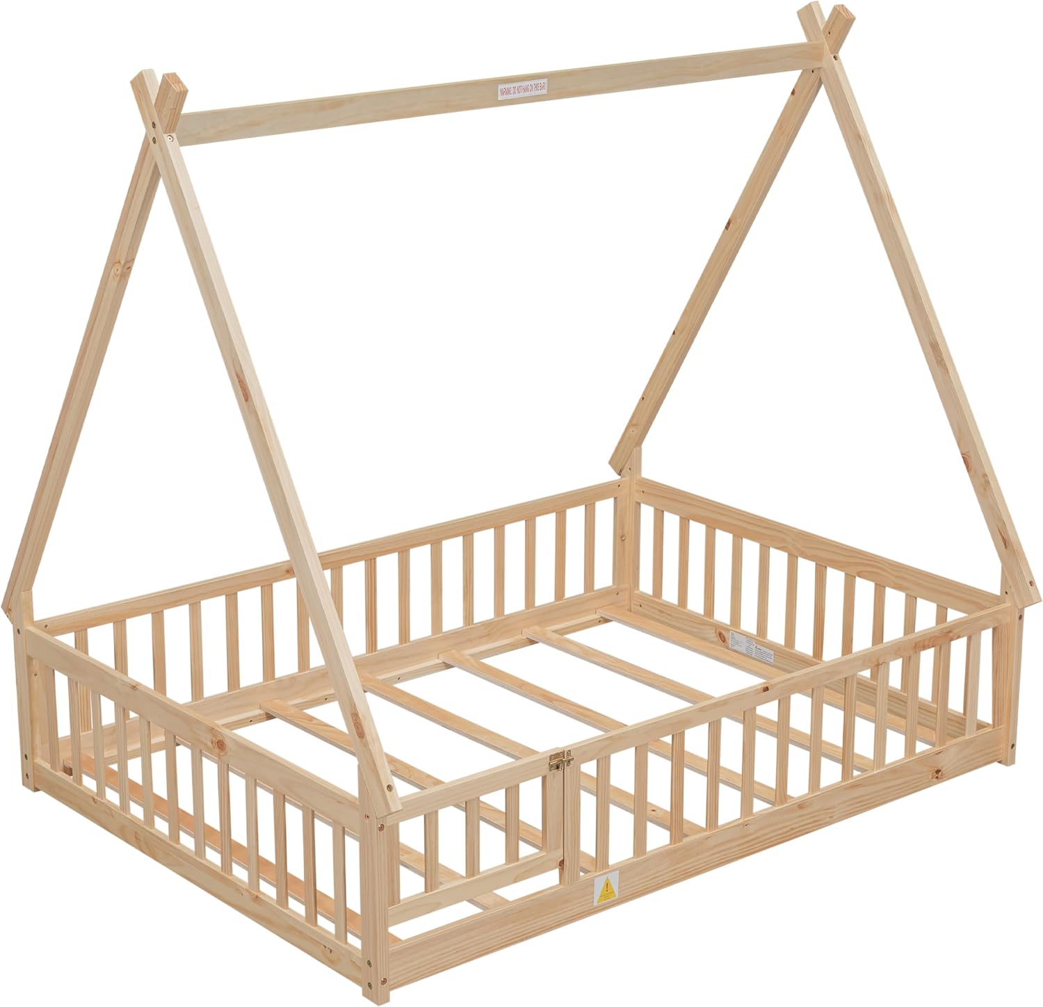 Full Size Tent-Shaped Floor Bed with Door, House Platform Bed Tent Bed Frame with Fence-Shaped Guardrails and Wood Slats Support, Wood Floor Play House Bed for Kids Boys Girls Teens (Natural,2)