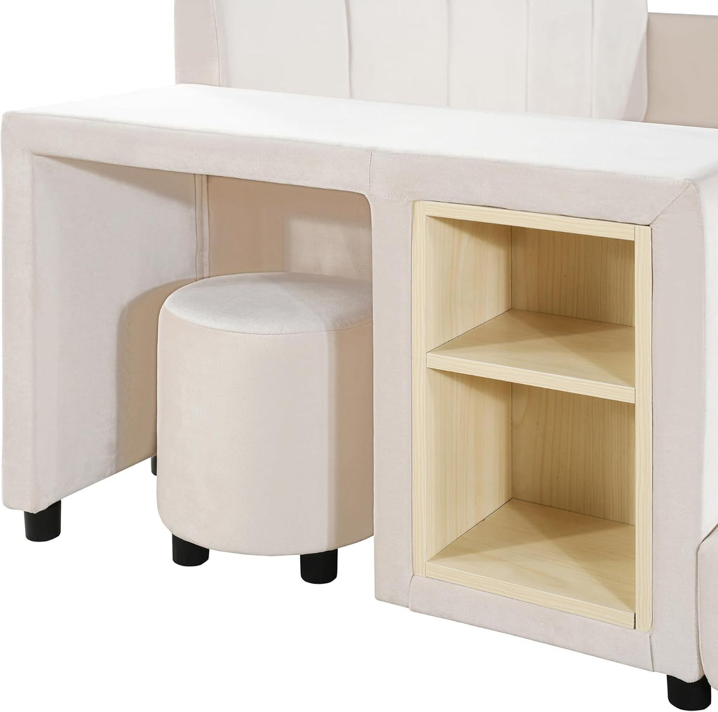 Full Size Upholstered Grounded Bed, Mother & Child Bed with Bedside Desk and Little Round Stool (Beige)