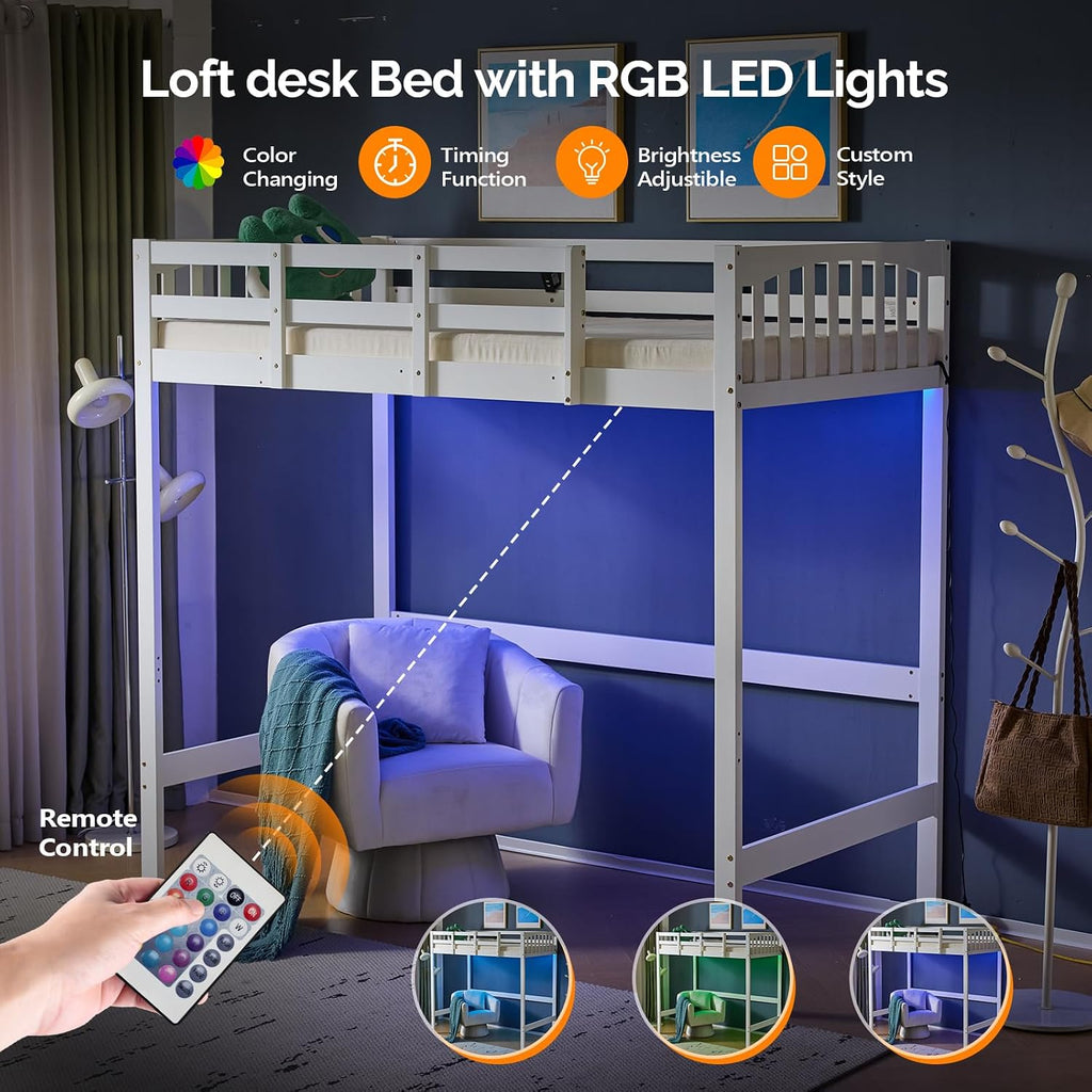 VINGLI Loft Bed Twin Size with USB Charging Station/LED, Solid Wood Single Loft Bunk Bed with Flat Rungs for Kids/Teens/Adults, 15 inches High Guardrail,Wood Slat Support No Box Spring Needed, White
