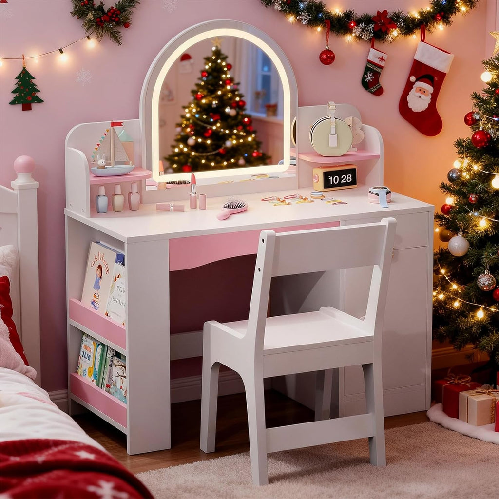 Teckid Kids Vanity Set with Chair and Lights, 2 in 1 Princess Makeup Desk, Toddler Vanity Table with Lighted Mirror, Open Bookshelf, Shelves, Drawers and Storage Cabinet for Little Girls (White)