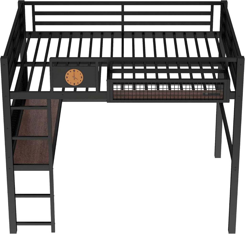JIVOIT Full Size Metal Loft Bed Frame with Desk, Bedside Storage Basket, Side Clock Design, Pegboard, 68' H Metal Loft Bed with Slats Support, No Spring Box Needed