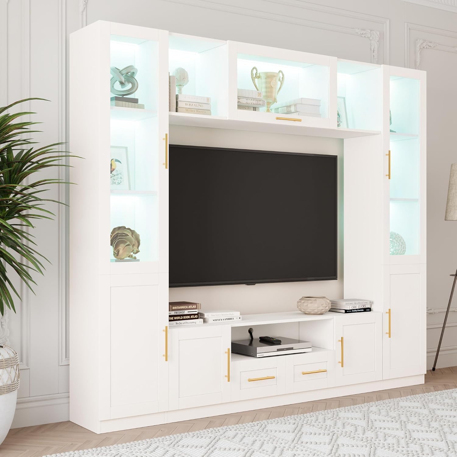 Bobve 94' Wall Unit Entertainment Center for TVs up to 70',Modern TV Console with APP LED Lights,Multifunctional TV Stand with Tempered Glass Door,Drawers & Shelves for Living Room,White